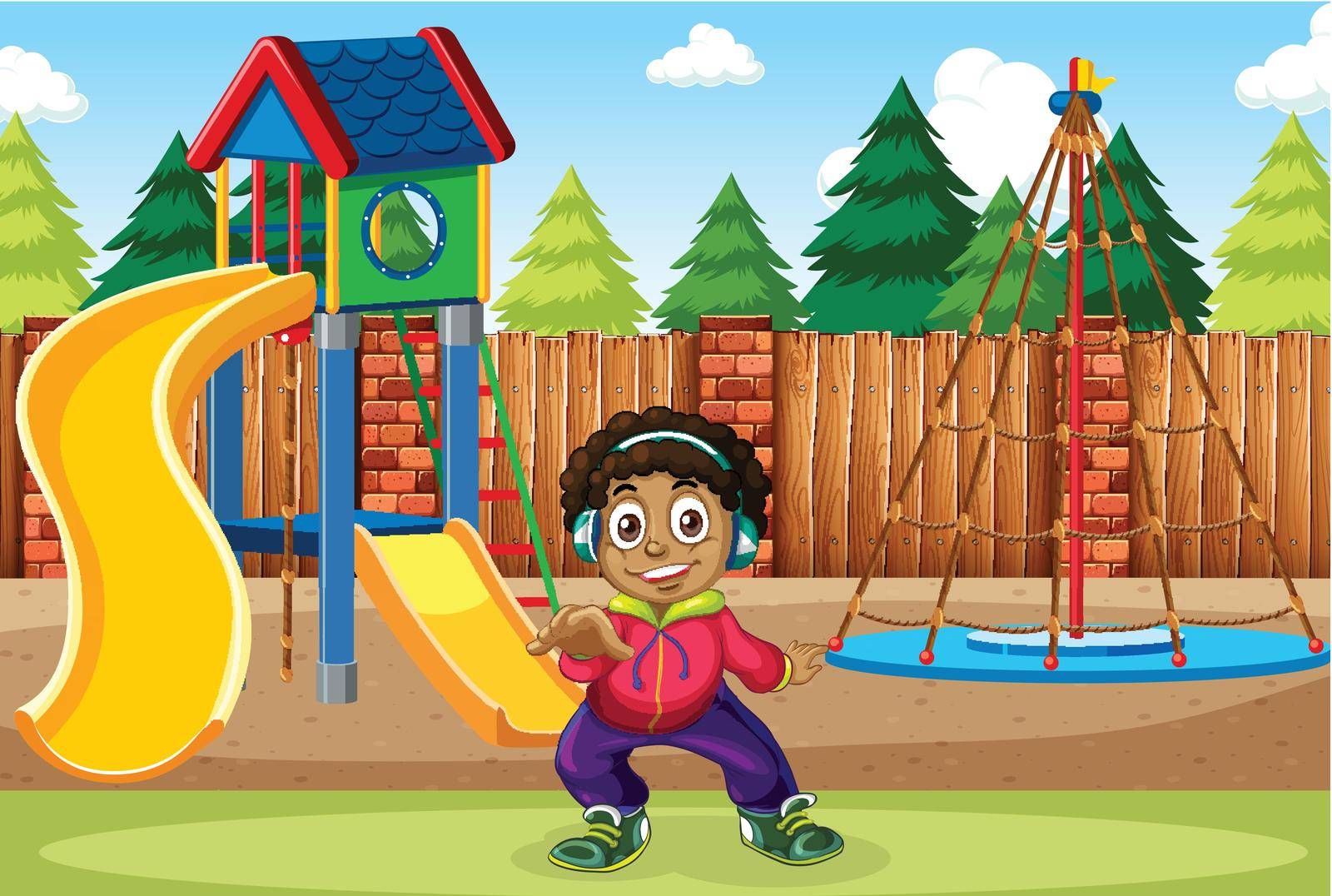 A boy listen to music at the playground illustration