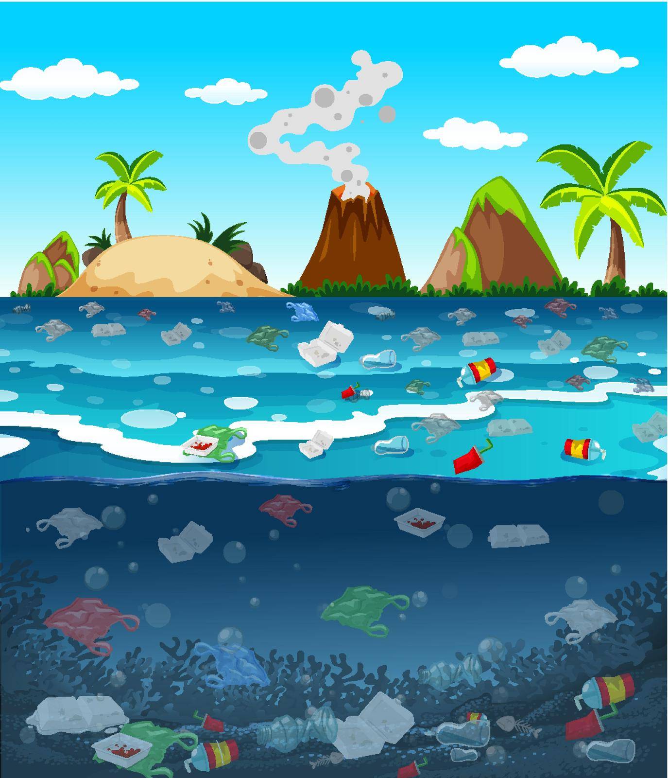 Water pollution with plastic bags in ocean illustration