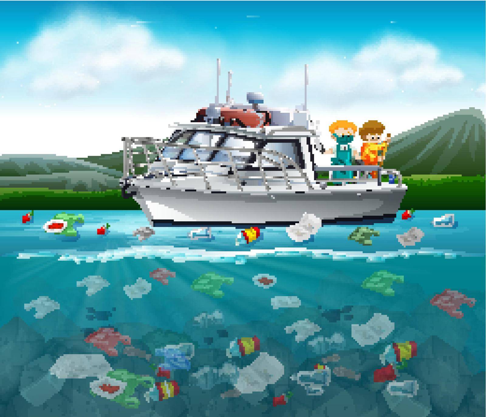 Water pollution with plastic bags in ocean illustration