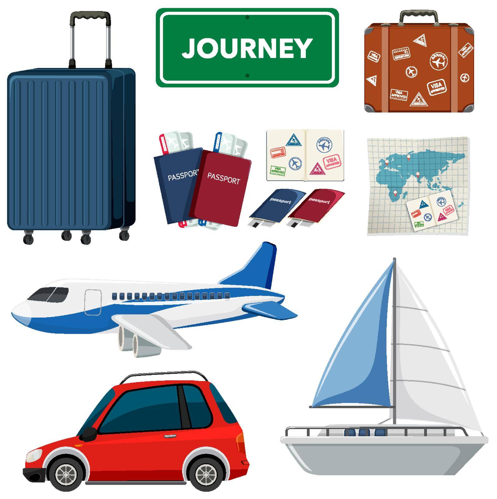 Set of holidays theme with transportations and other items illustration