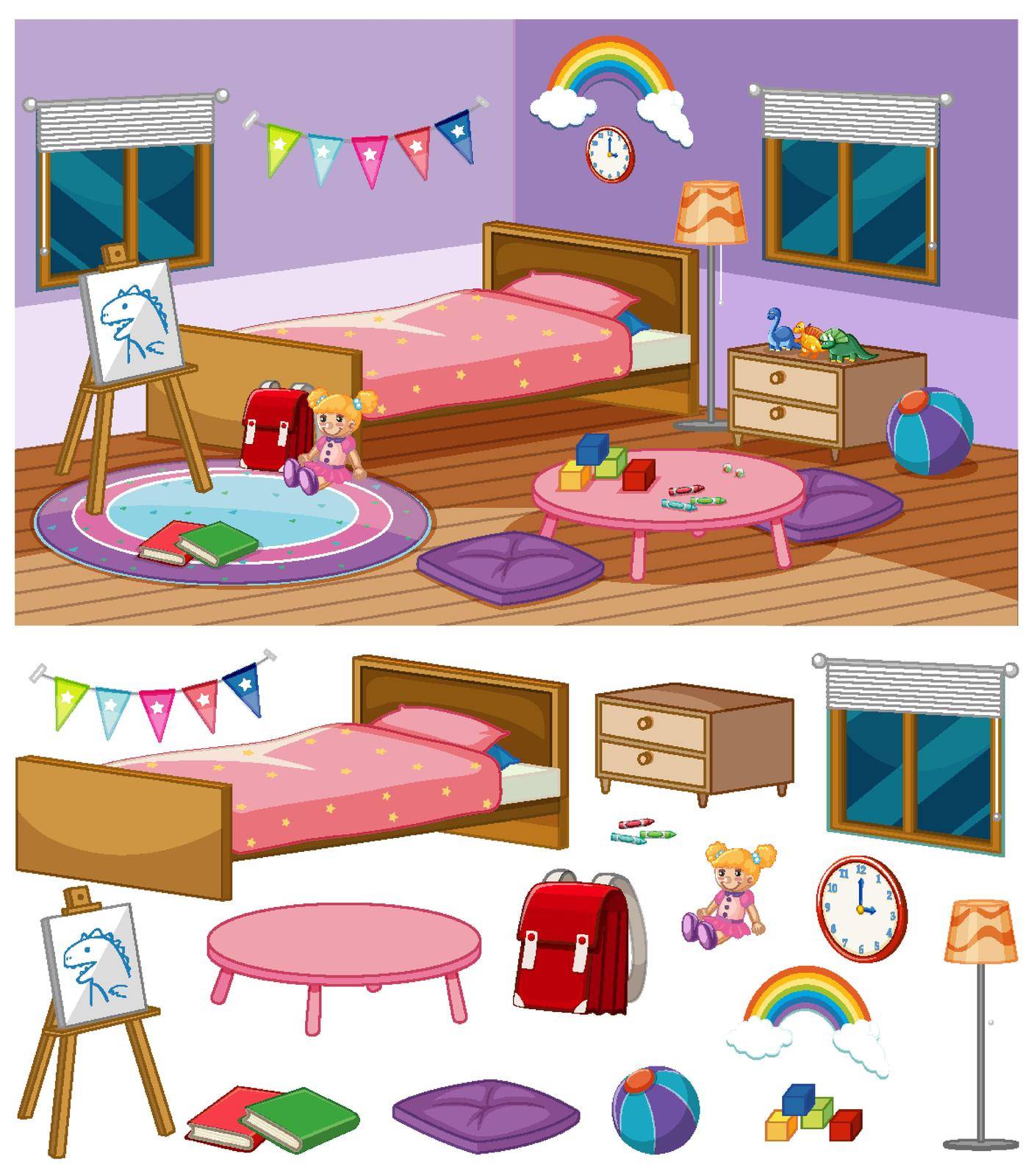 Background scene of bedroom with many furnitures illustration