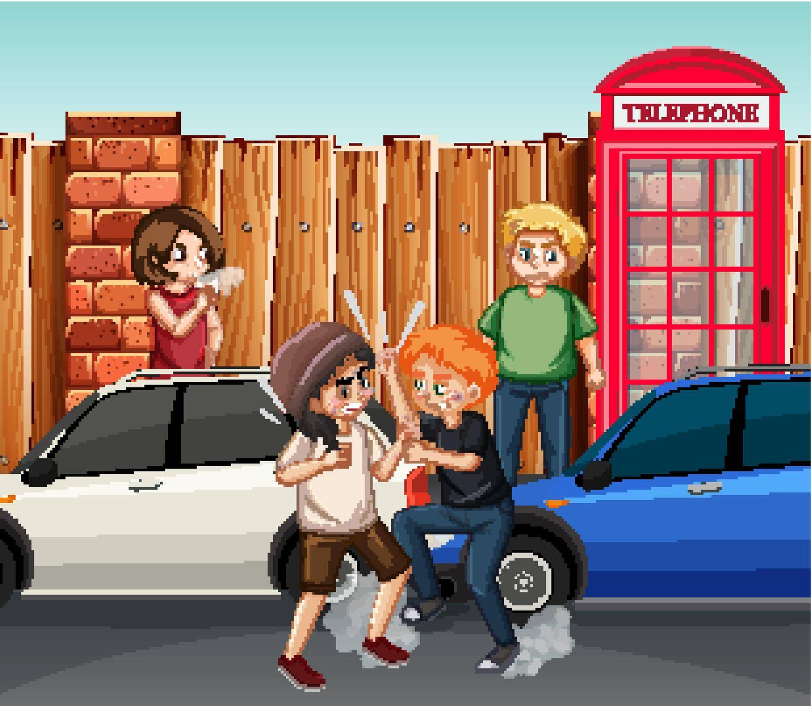 Domestic violence scene with people fighting on the street illustration