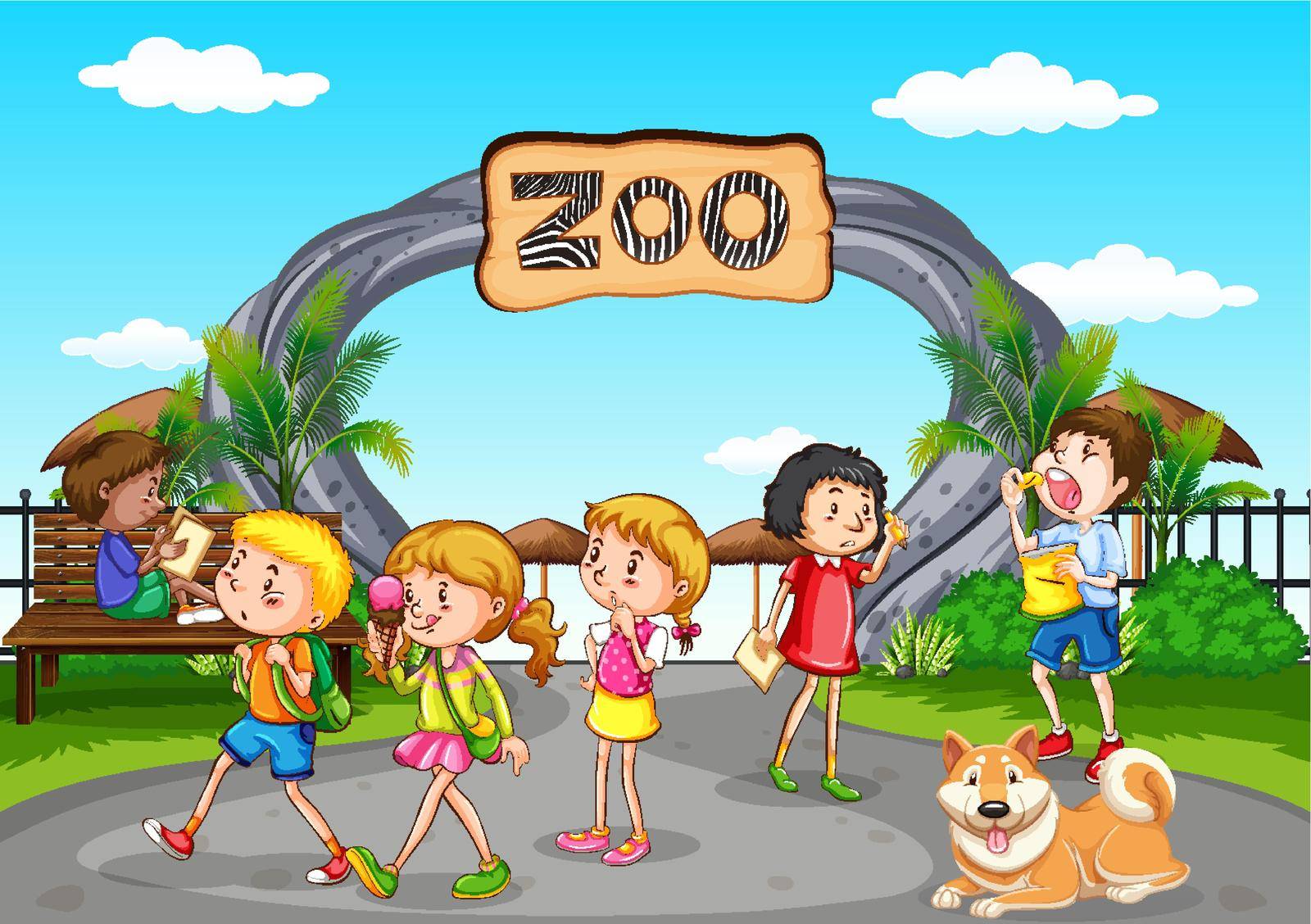 Scene with many children having fun at the zoo illustration