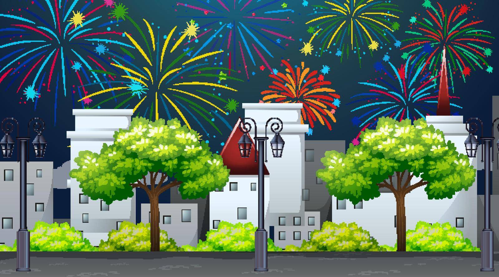 Cityscape with celebration fireworks scene illustration