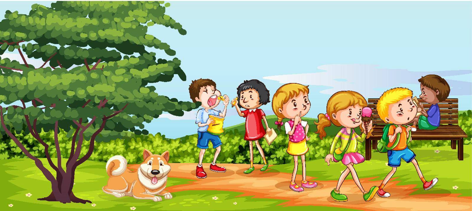 Scene with many children having fun in the park illustration