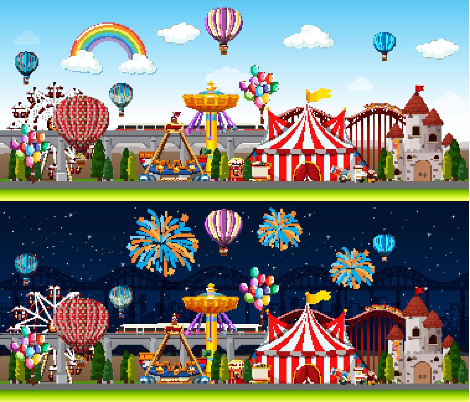 Themepark scenes with many rides at day time and night time illustration