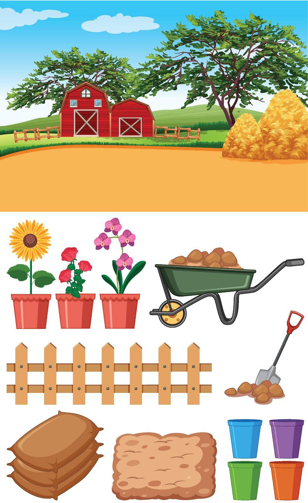 Farm scene with barns and other farming items illustration