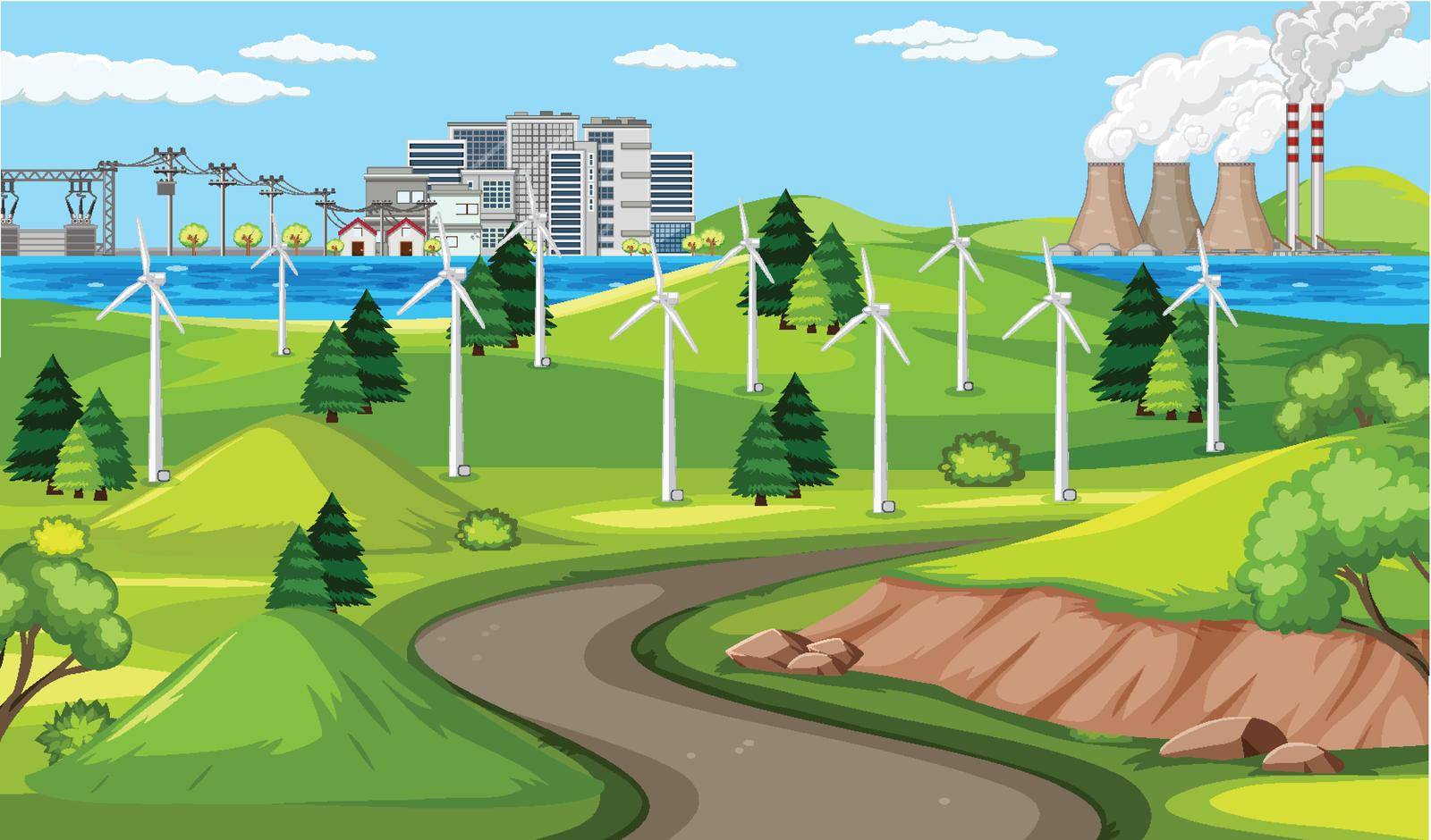 Wind turbine and long road scene illustration