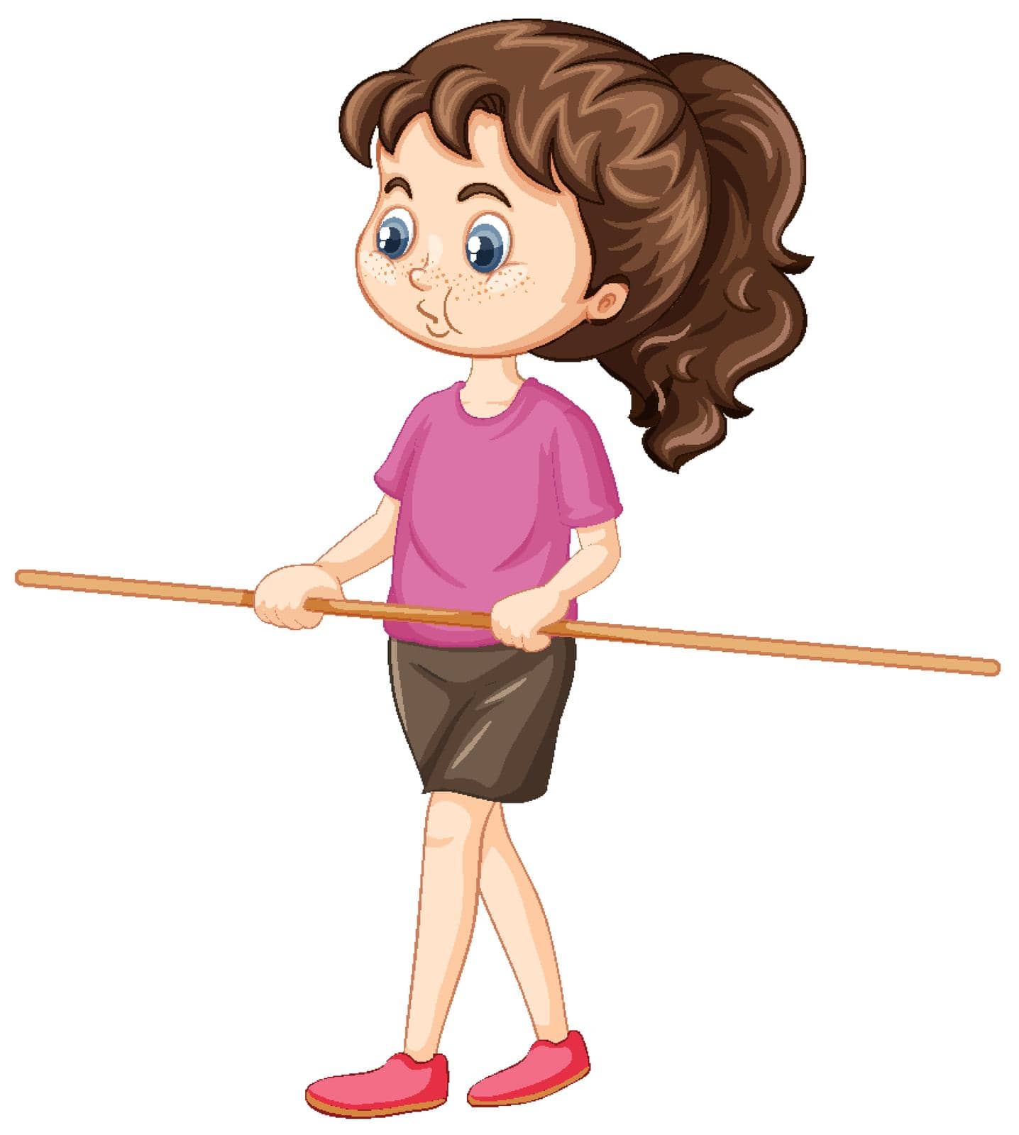 Cute girl standing and holding wooden handle illustration