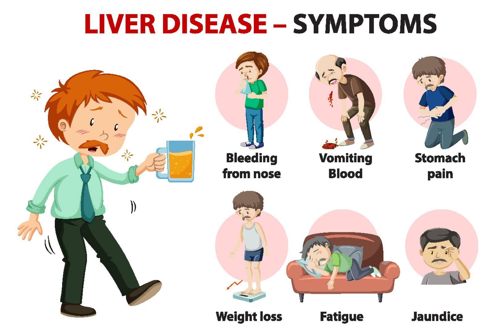 Liver disease symptoms cartoon style cartoon style infographic illustration