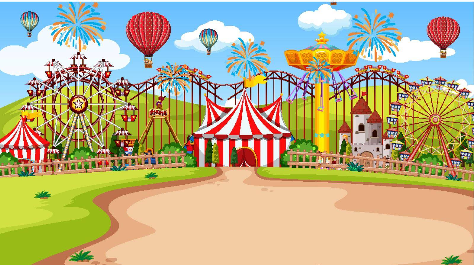 Themepark scene with many rides at day time illustration