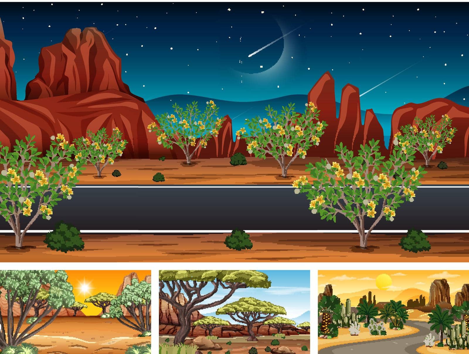 Different nature horizontal scenes illustration