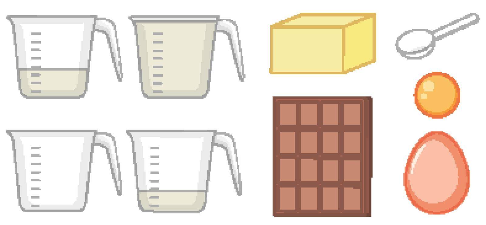 Set of baking ingredients and measuring cups on white background illustration