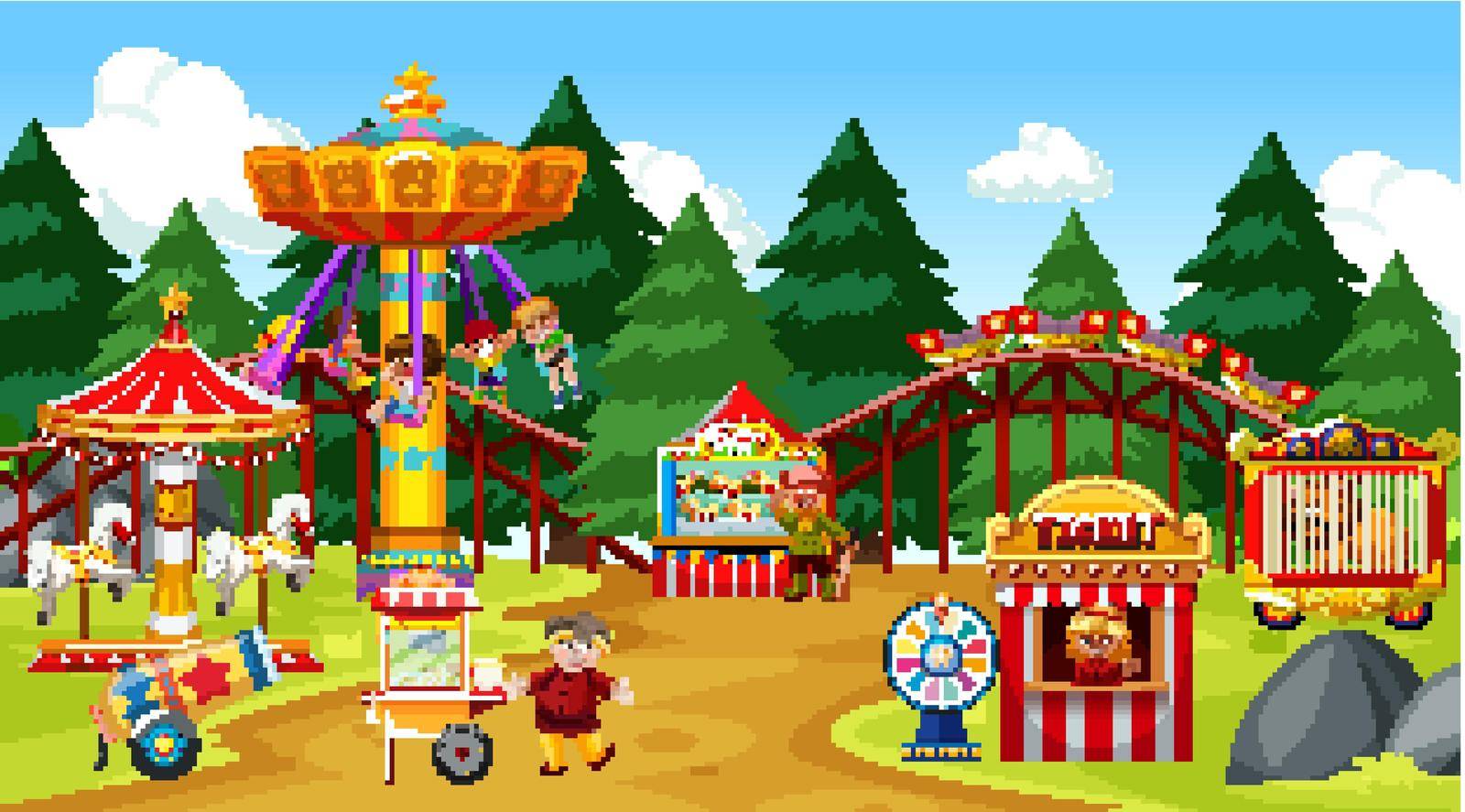 Themepark scene with many rides and many people illustration