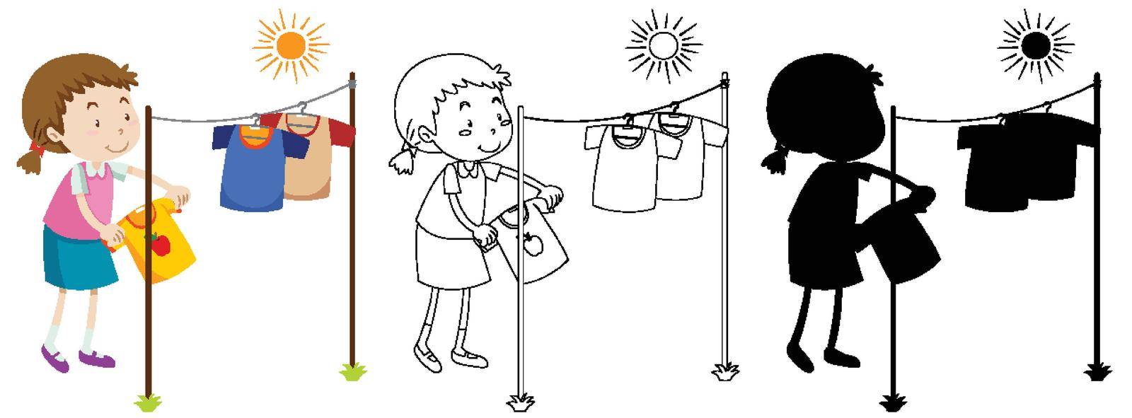Girl hanging wet clothes out to dry with its outline and silhouette illustration