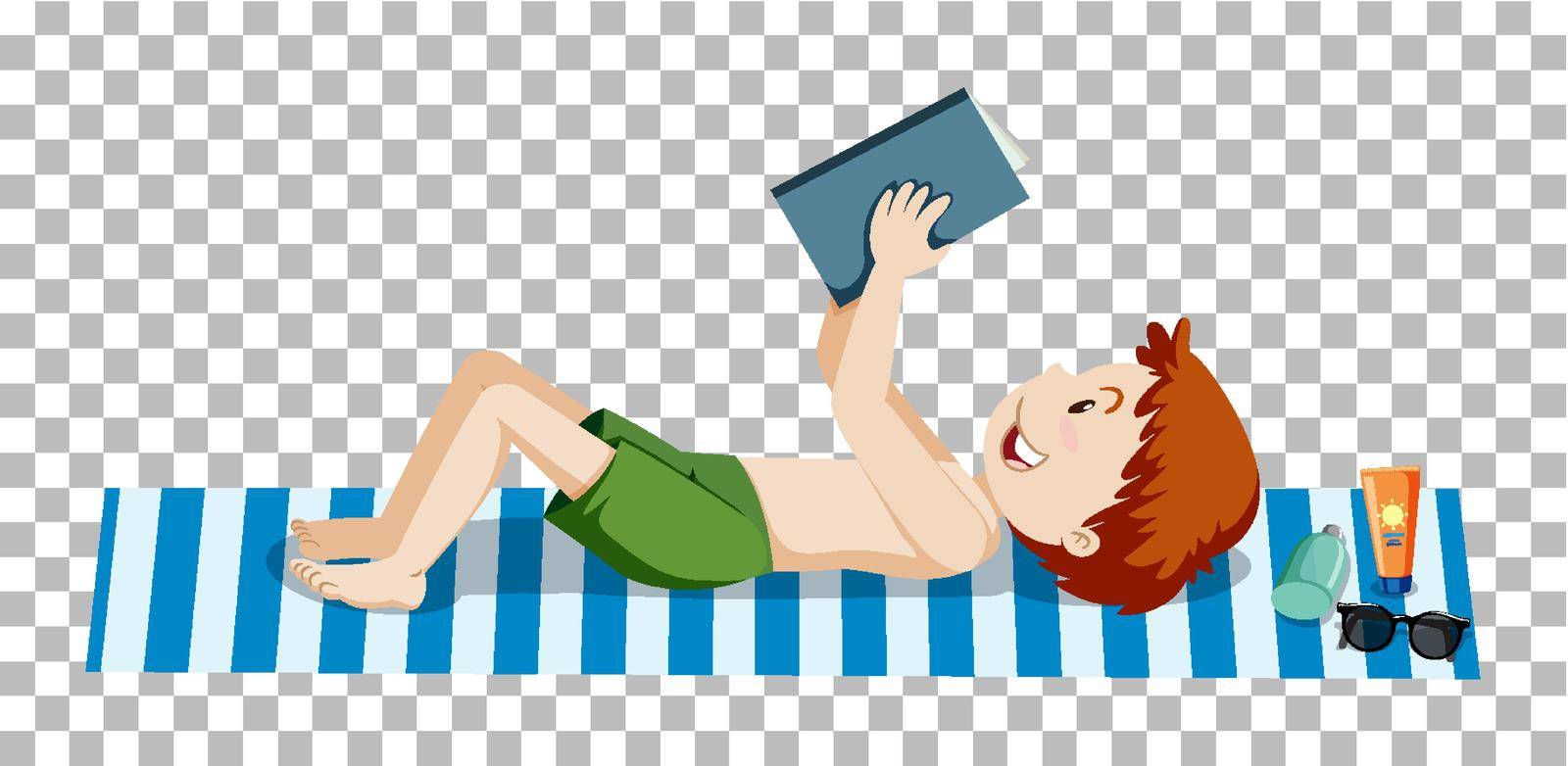 Boy reading book on the beach mattress by iimages