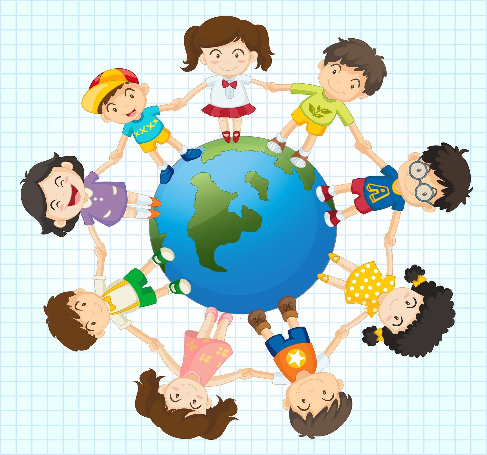 Illustration of kids around the earth