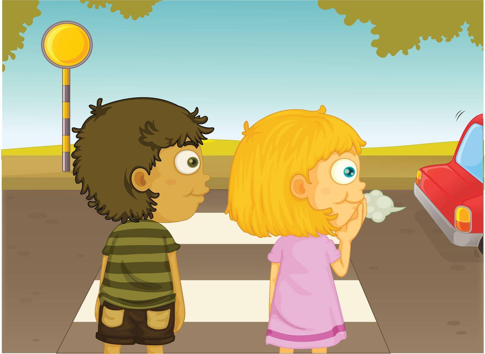 Illustration of boy and girl crossing the street