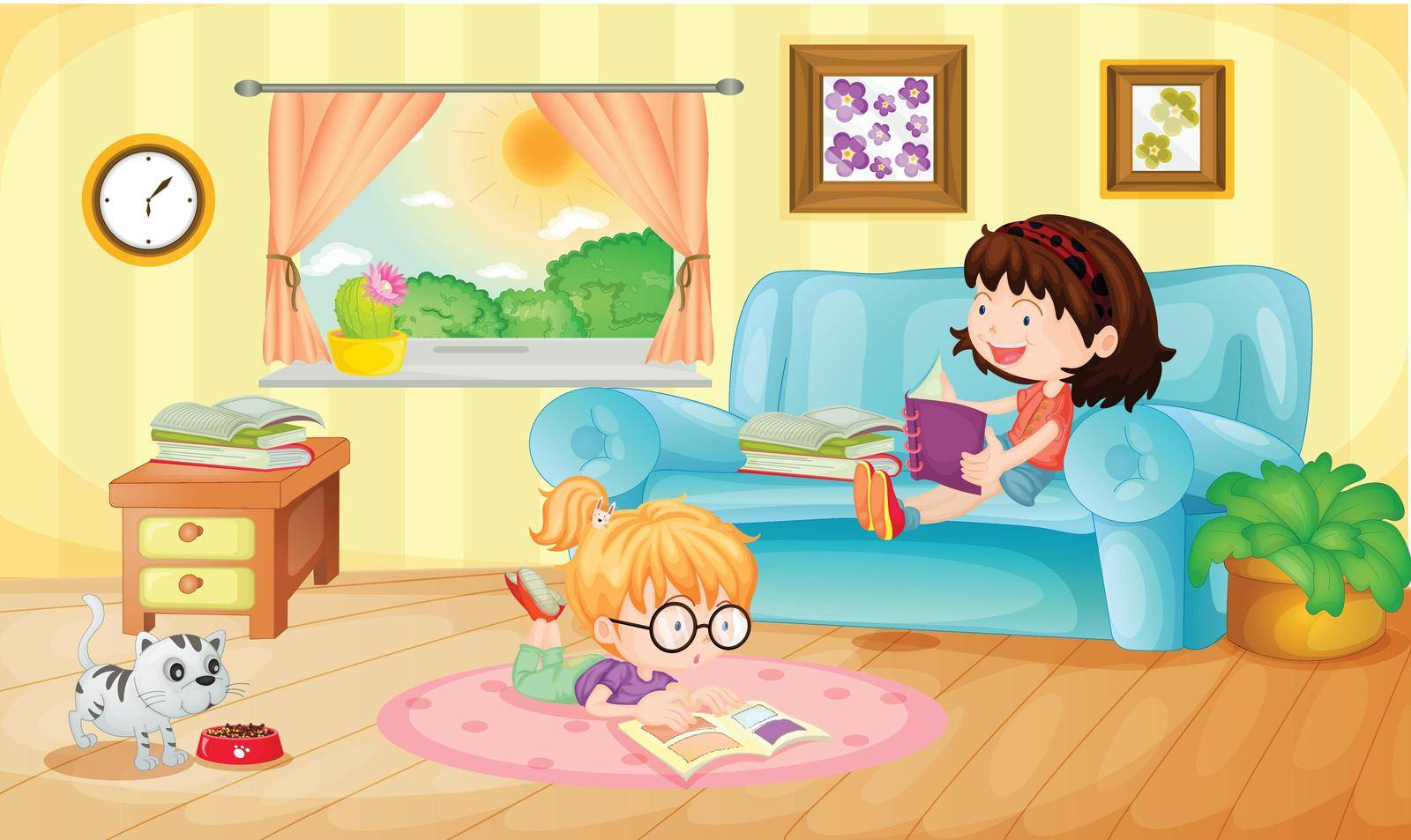 Illustration of girls reading at home