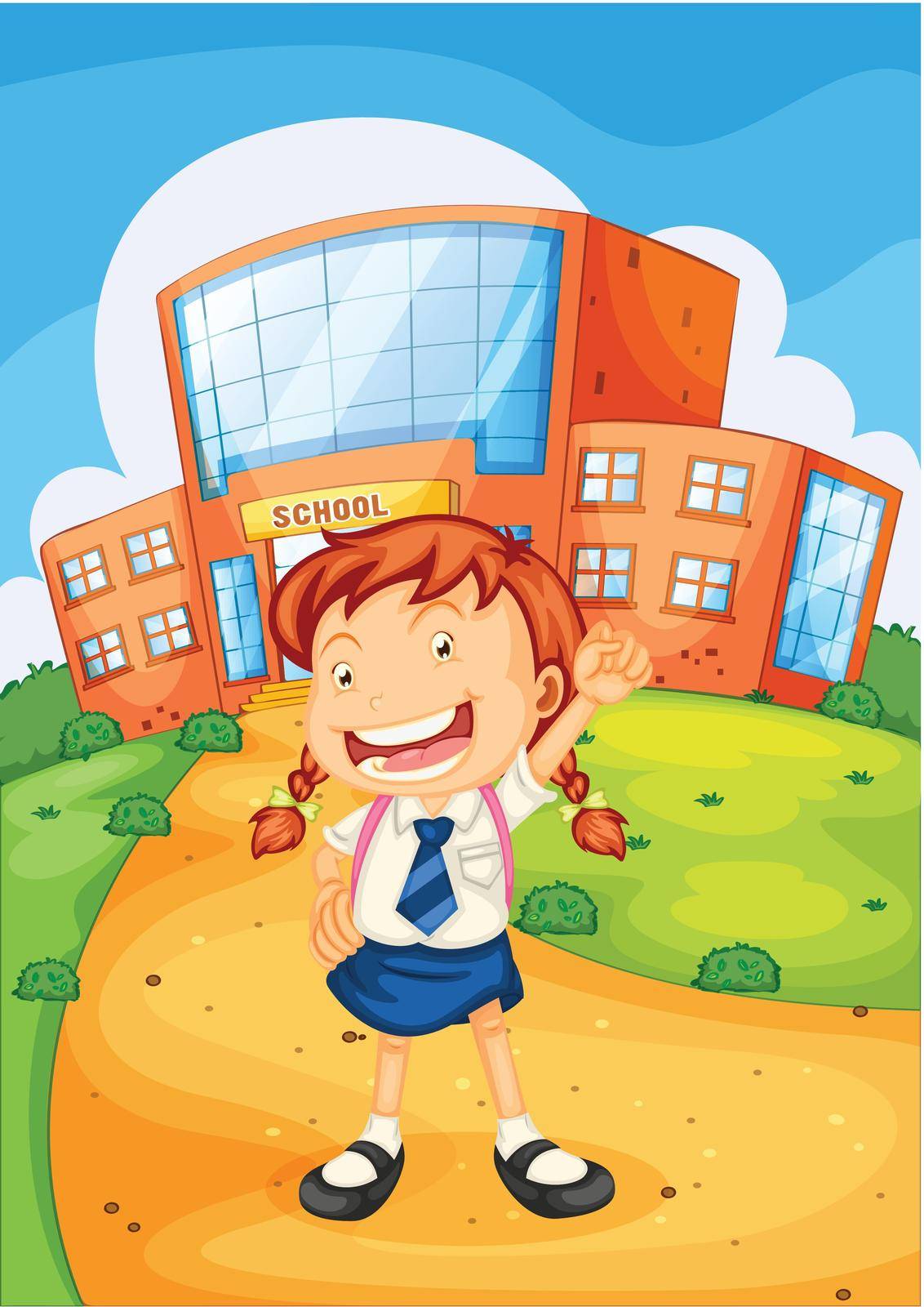 illustration of a girl in front of school