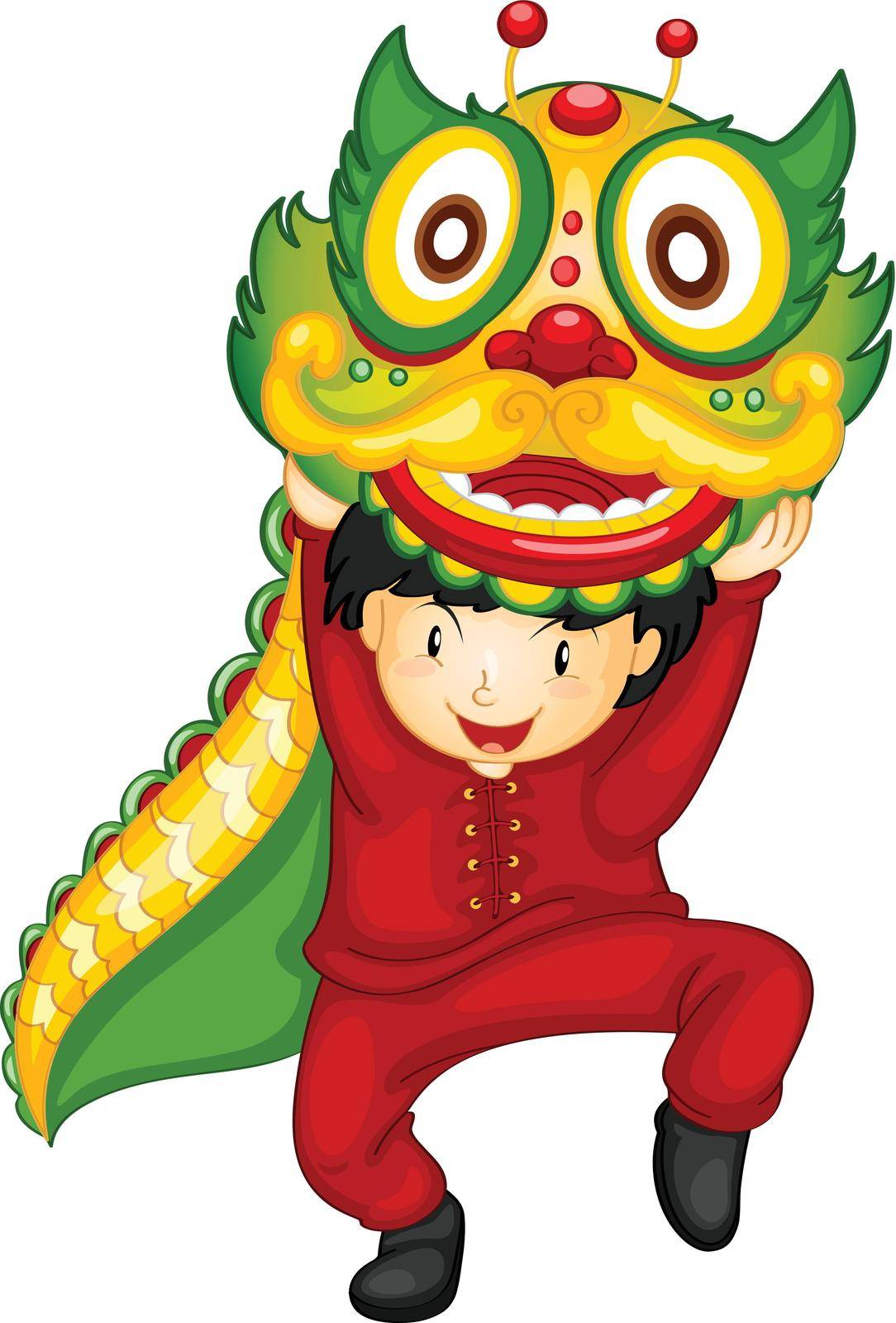 Illustration of a boy dancing with dragon