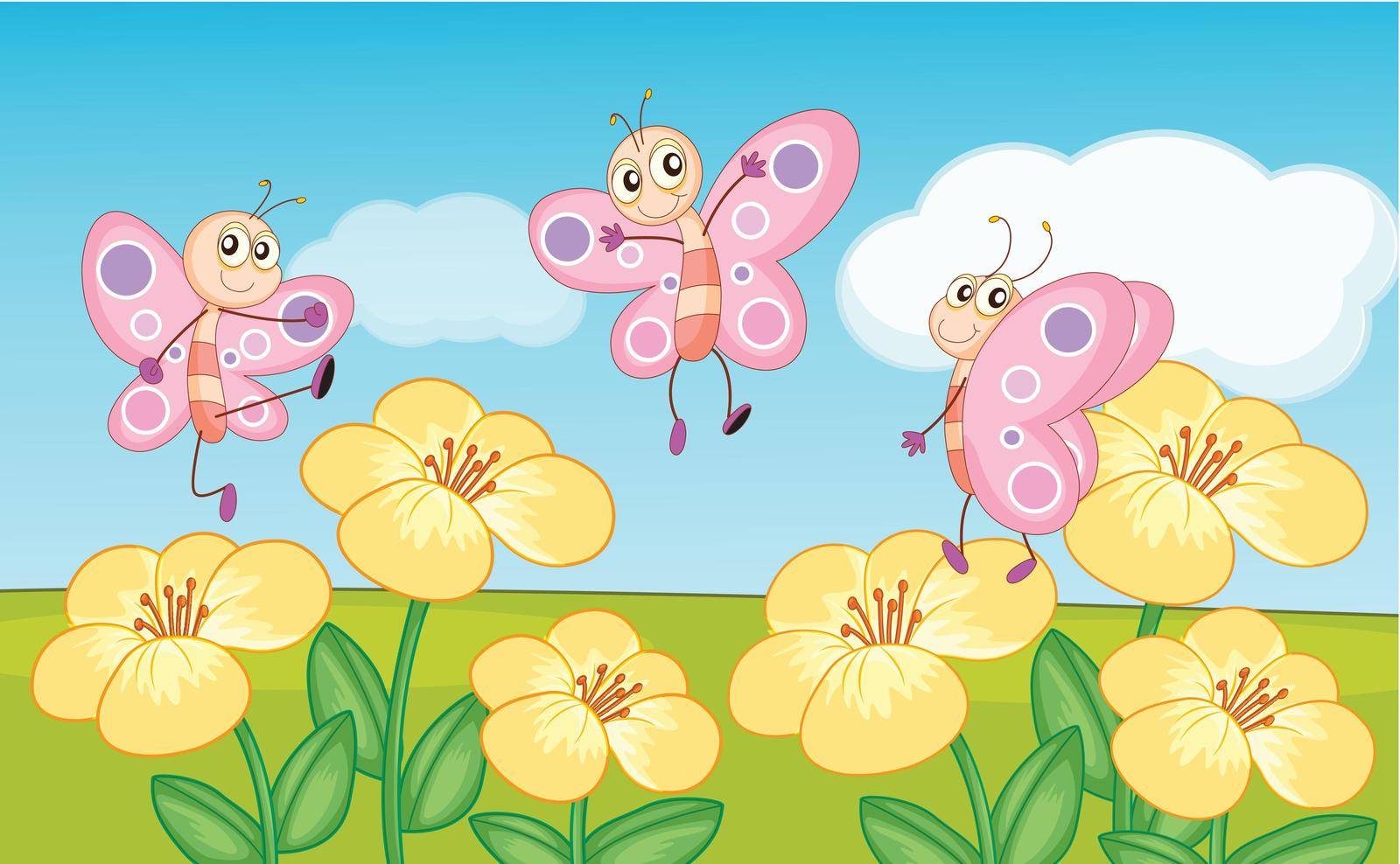 illustration of butterflies on flowers