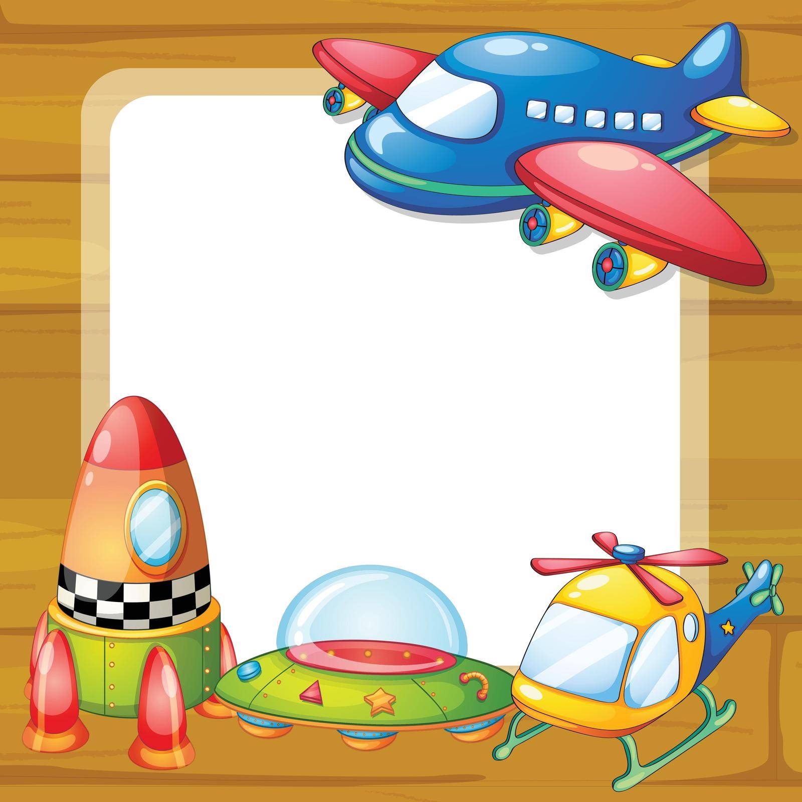 illustration of toys and a board on a white backgound