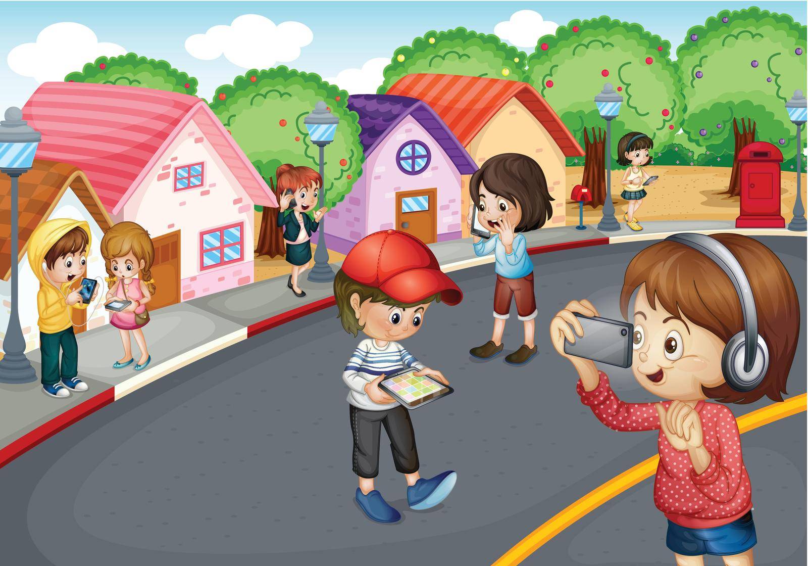 Illustration of kids using electronic gadgets