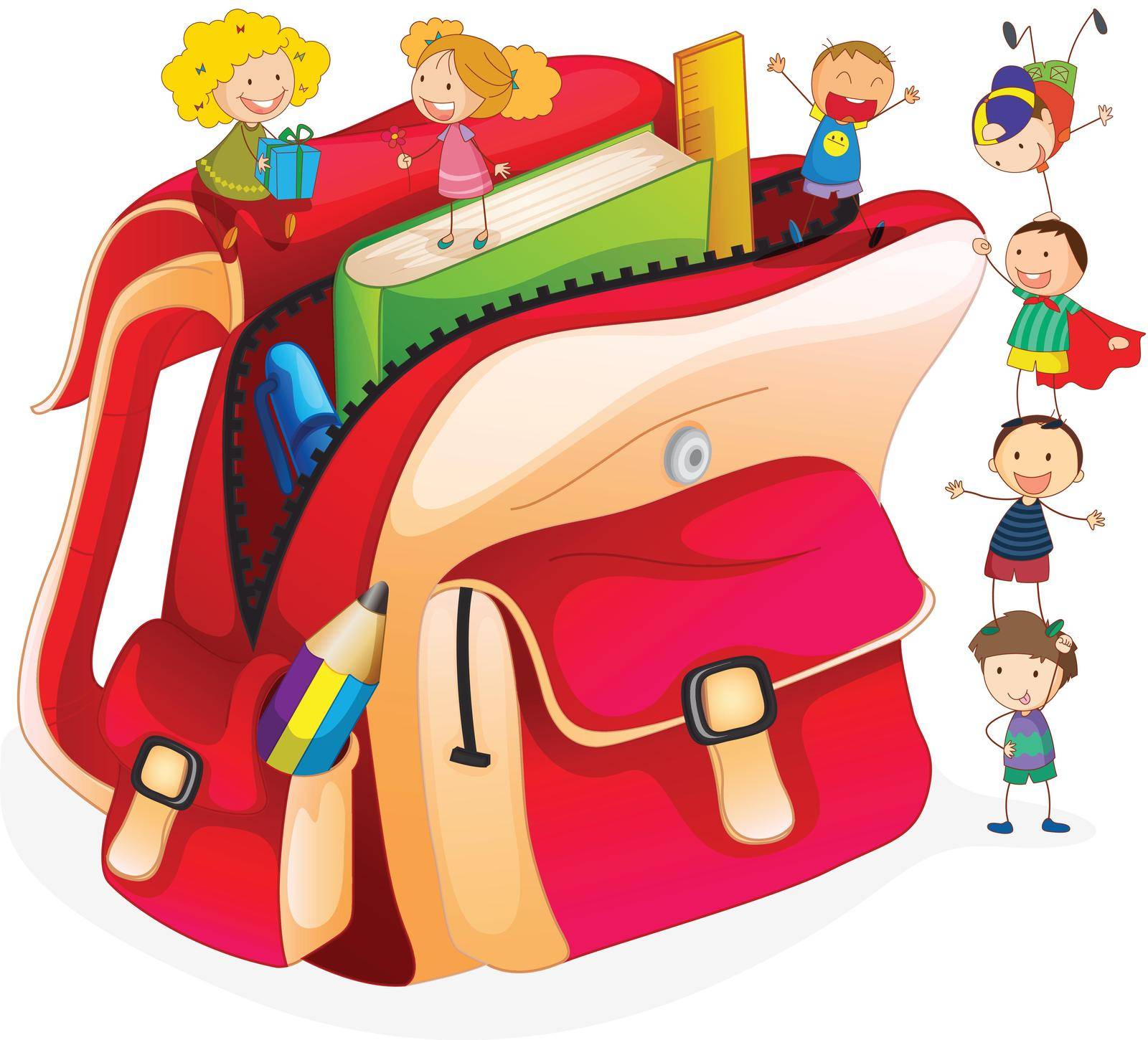 Illustration of tiny students and a schoolbag