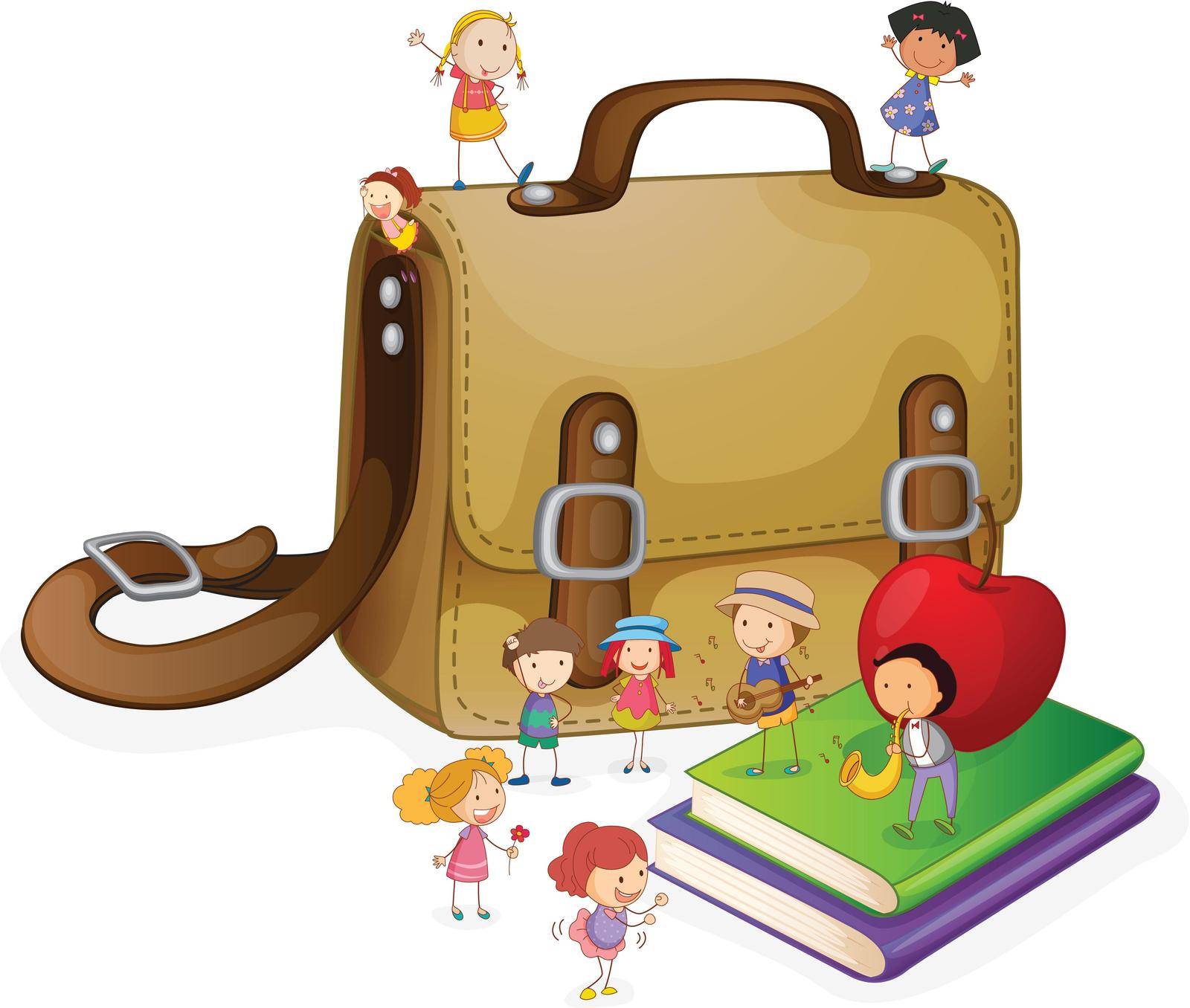illustration of kids and bag on a white background