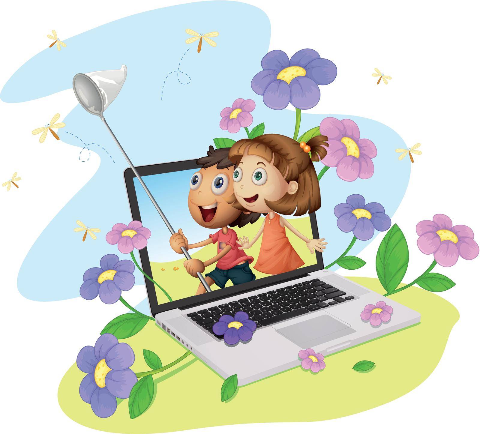 Illustration of kids coming out of computer