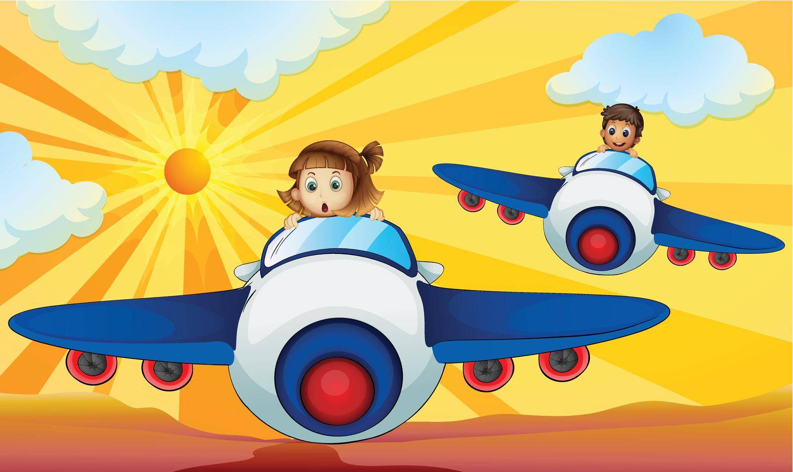 illustration of kids driving an aeroplane