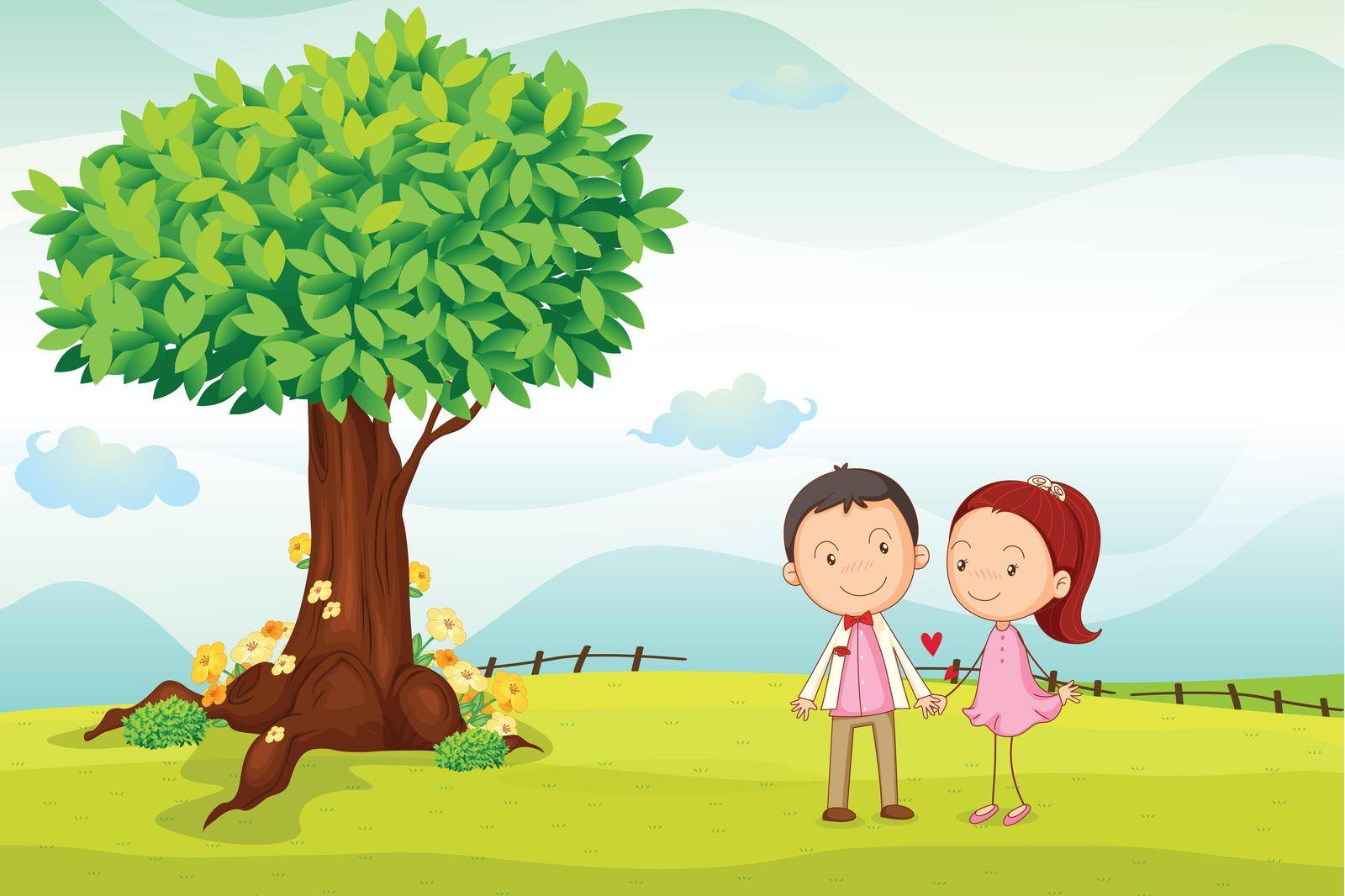 illustration of kids playing around tree in a nature