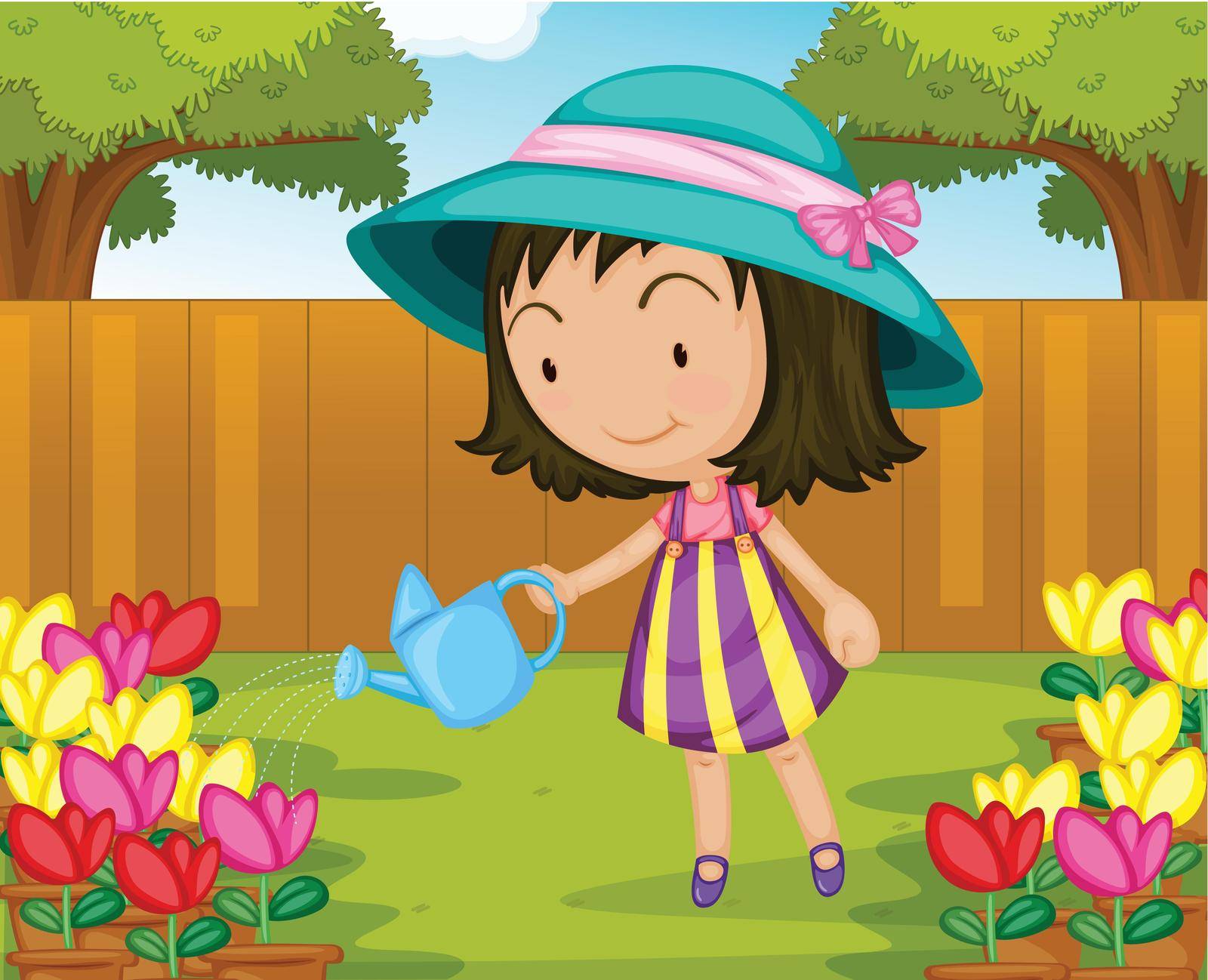 Illustration of girl watering plants