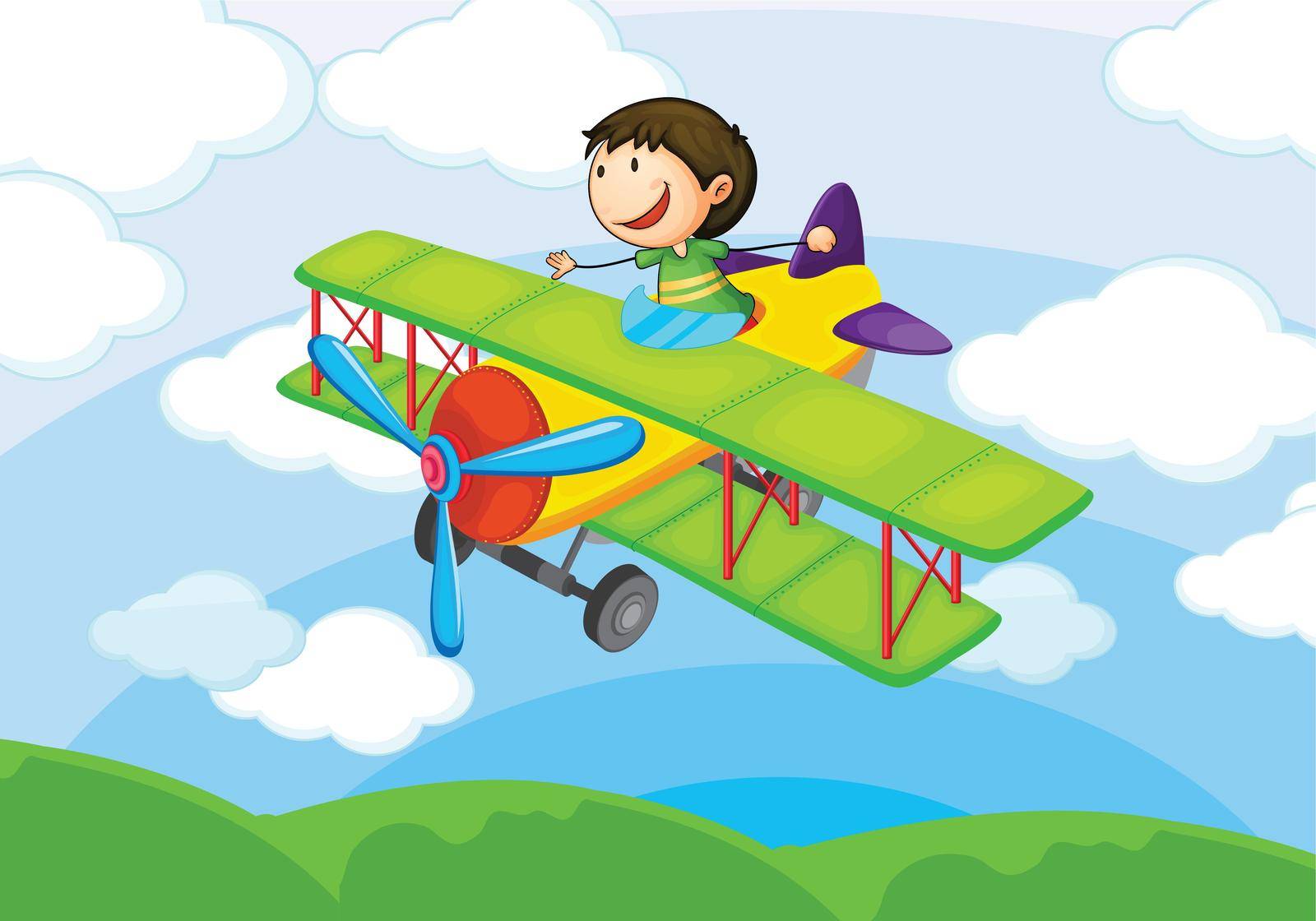 illustration of a boy on a aircraft in the sky