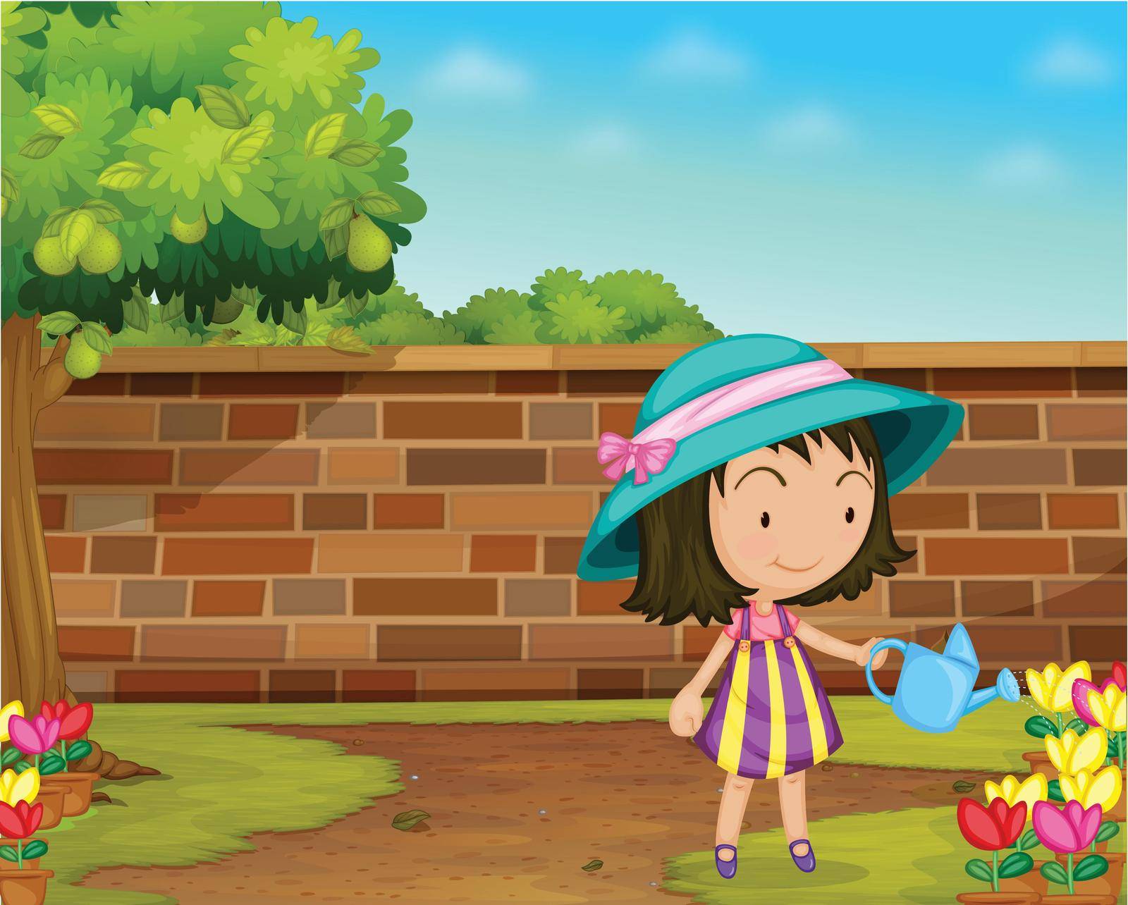 Illustration of a girl watering flowers