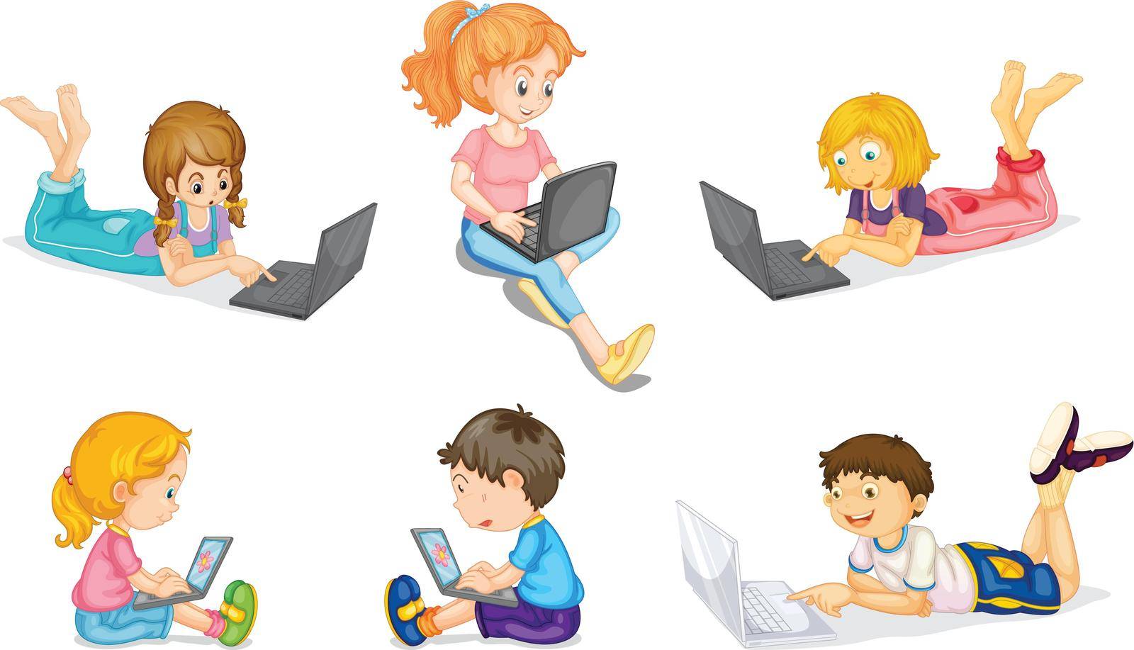 illustration of kids with laptops on a white background