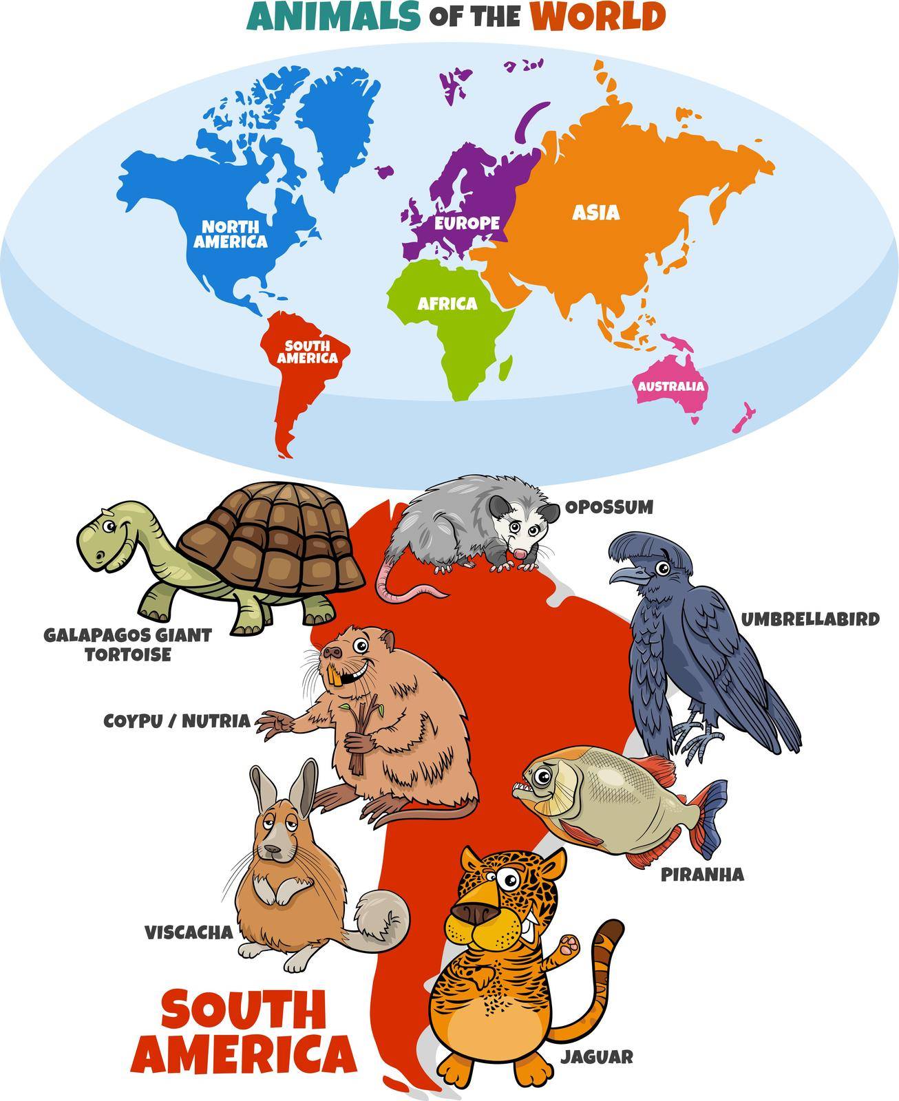 Educational cartoon illustration of South American animal species and world map with continents