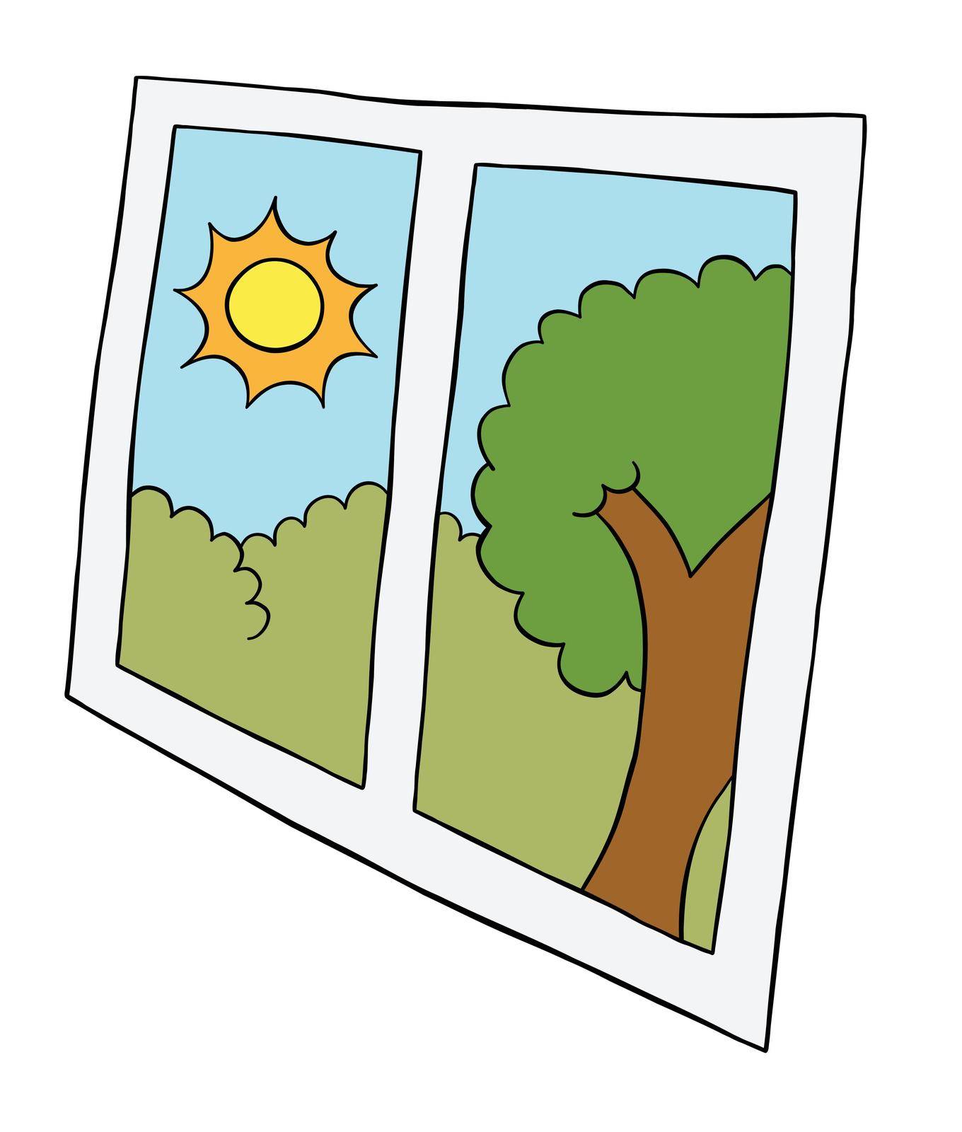 Cartoon vector illustration of window and day, sun and tree by emrahavci