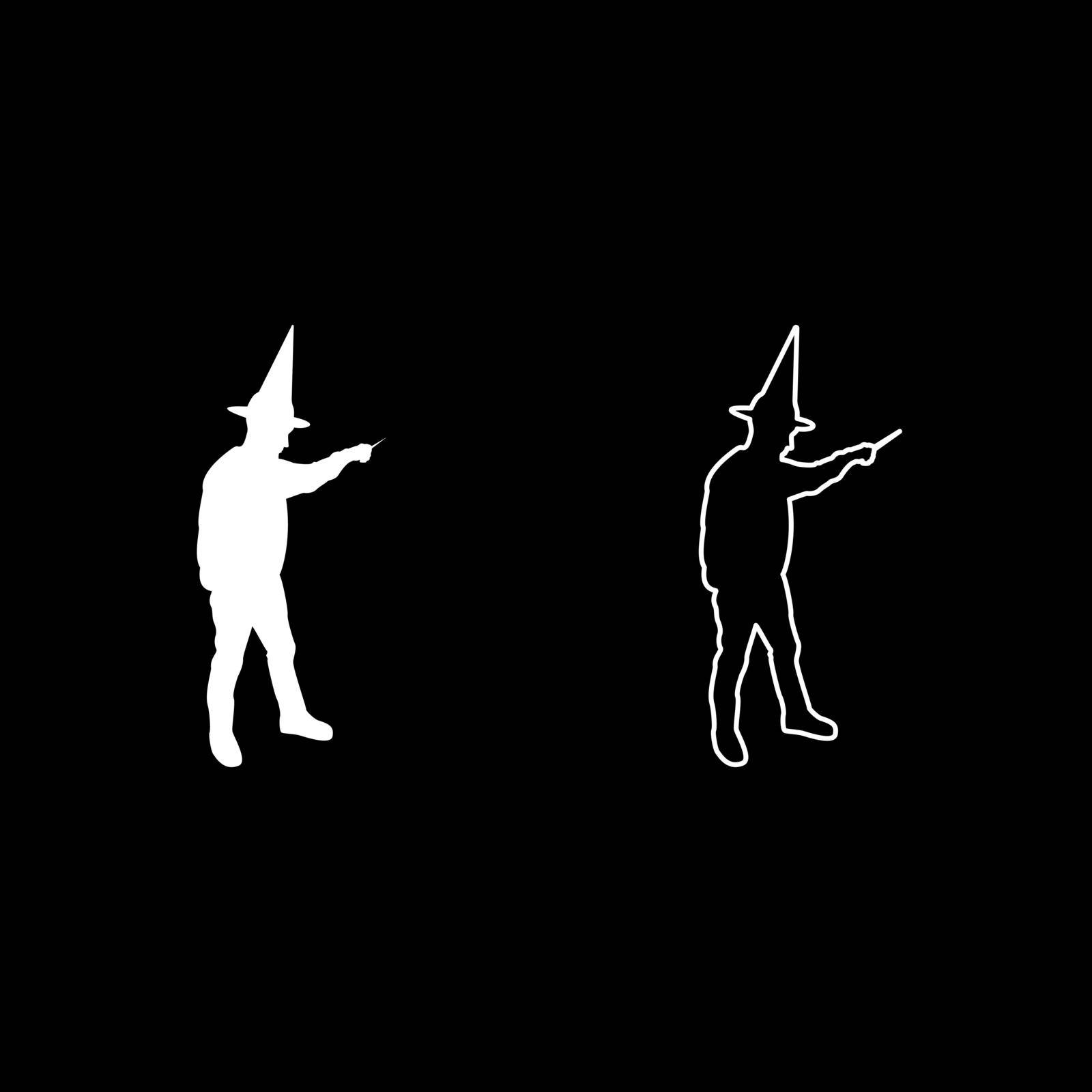 Wizard holds magic wand trick Waving Sorcery concept Magician Sorcerer Fantasy person Warlock man in robe with magical stick Witchcraft in hat mantle Mage conjure Mystery idea Enchantment silhouette white color vector illustration solid outline style image by serhii435