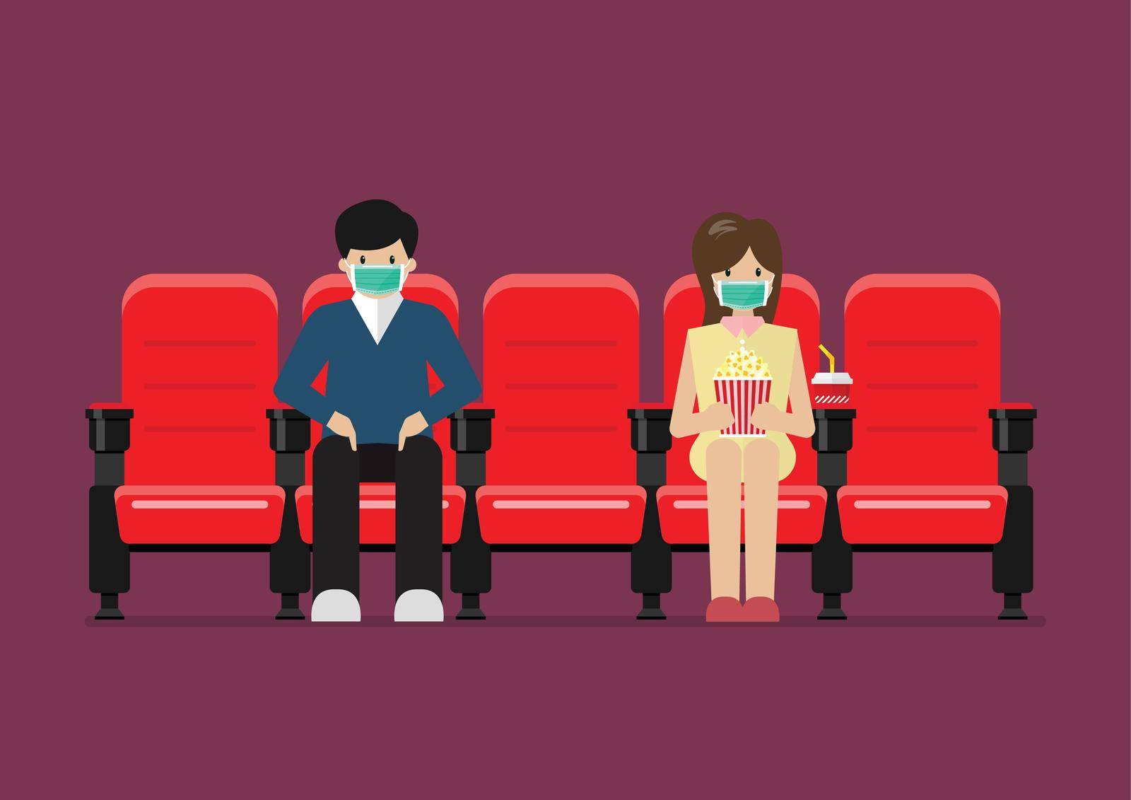 Couple in movie theater lifestyle after pandemic covid-19 corona virus. vector illustration 