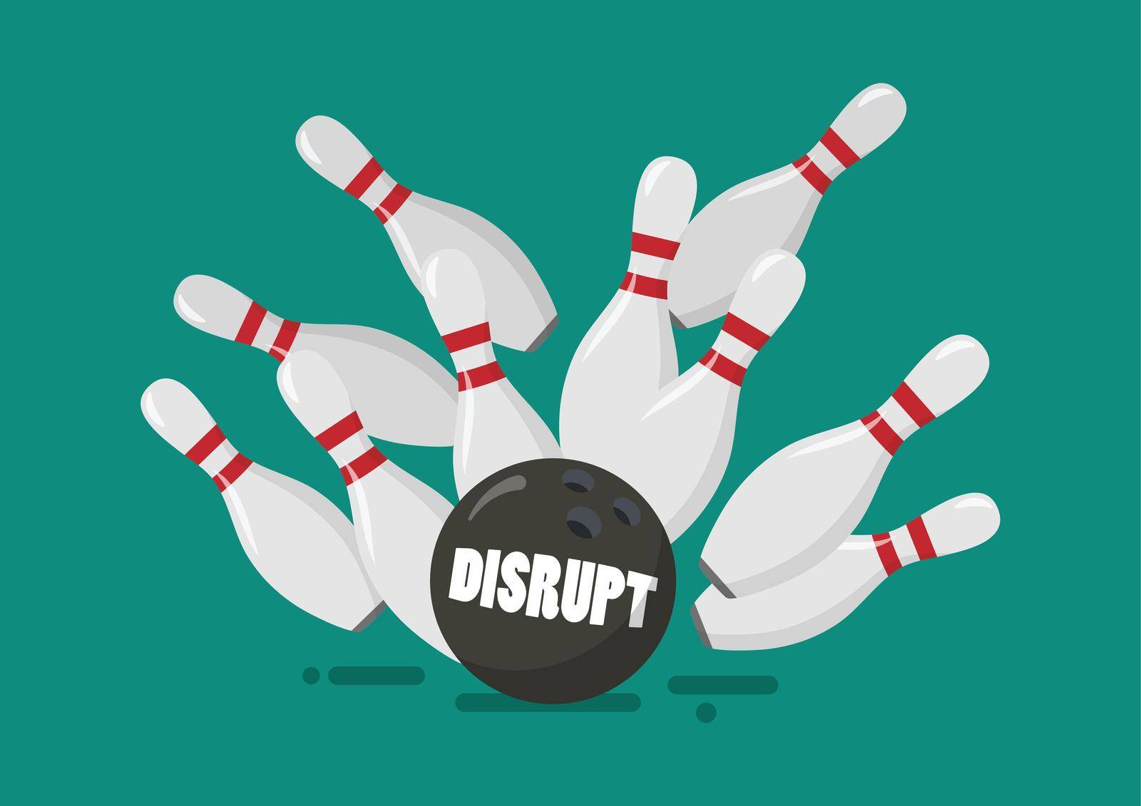 Disrupt bowling ball breaks bowling pins. Business disruption concept. Vector illustration