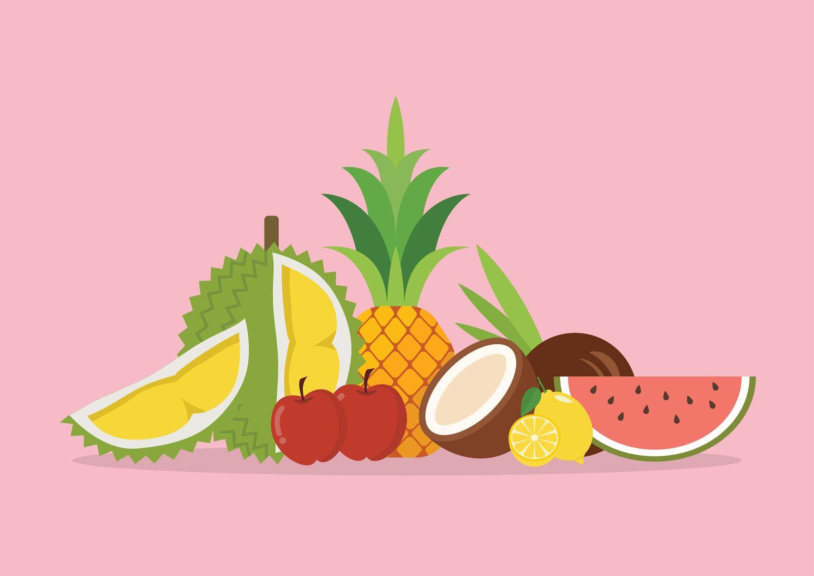 Seasonal organic exotic fruits. Assortment of exotic fruits isolated on pink background. Vector illustration
