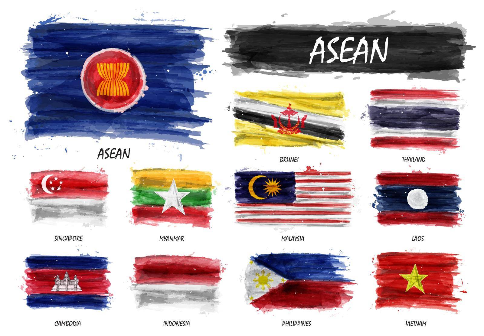 Realistic watercolor painting flag of ASEAN ( Association of Southeast Asian Nations ) and membership on isolated background . Vector .
