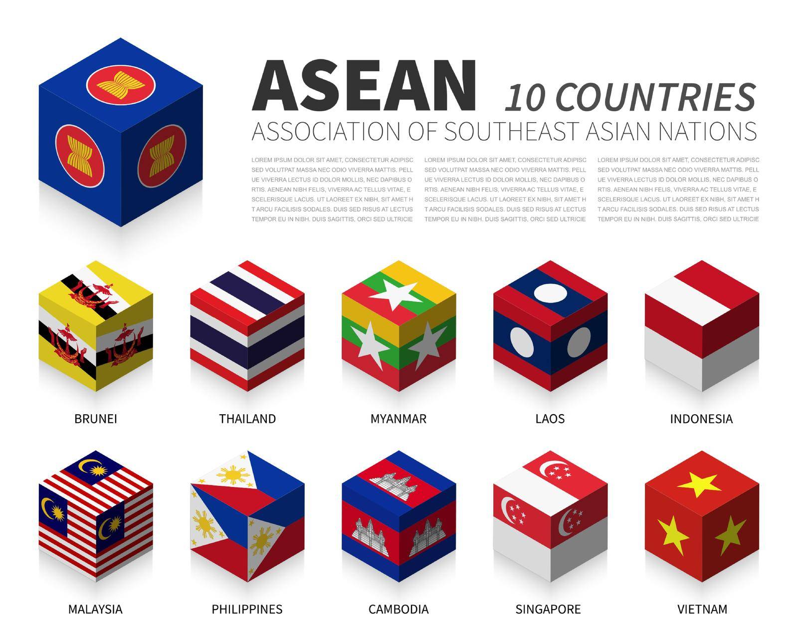 ASEAN . Association of Southeast Asian Nations and membership . 3D Cubic flag design . Vector