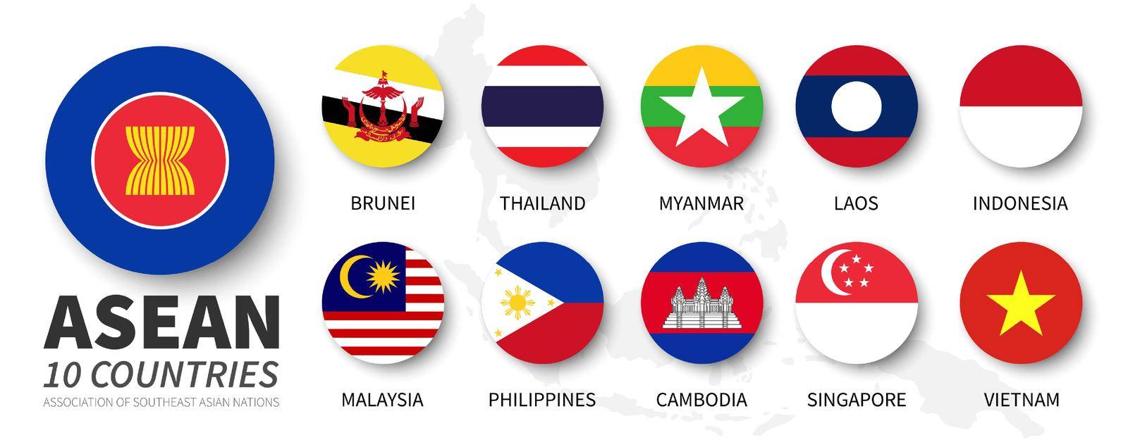 ASEAN . Association of Southeast Asian Nations . and membership flags . Flat simple circle design . Vector . by stockdevil