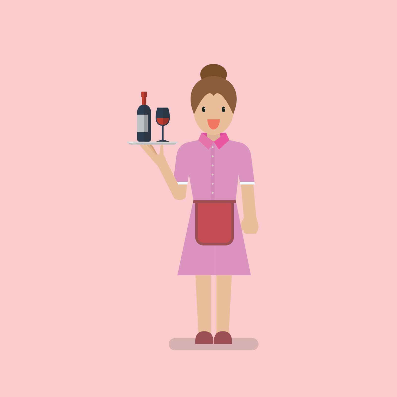 Waitress character cartoon. Pink collar worker in flat style