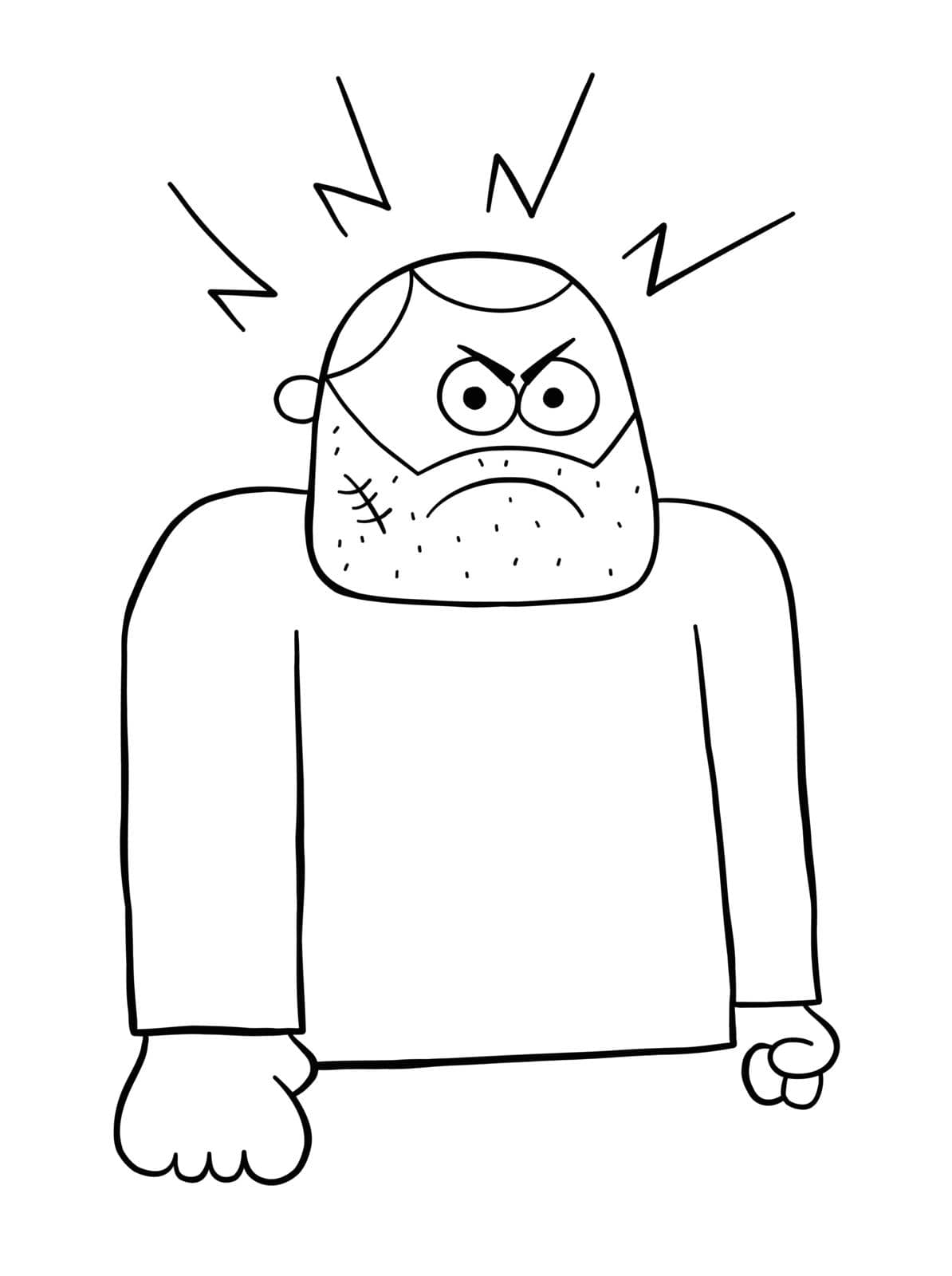 Cartoon angry bad man, vector illustration. Black outlined and white colored.