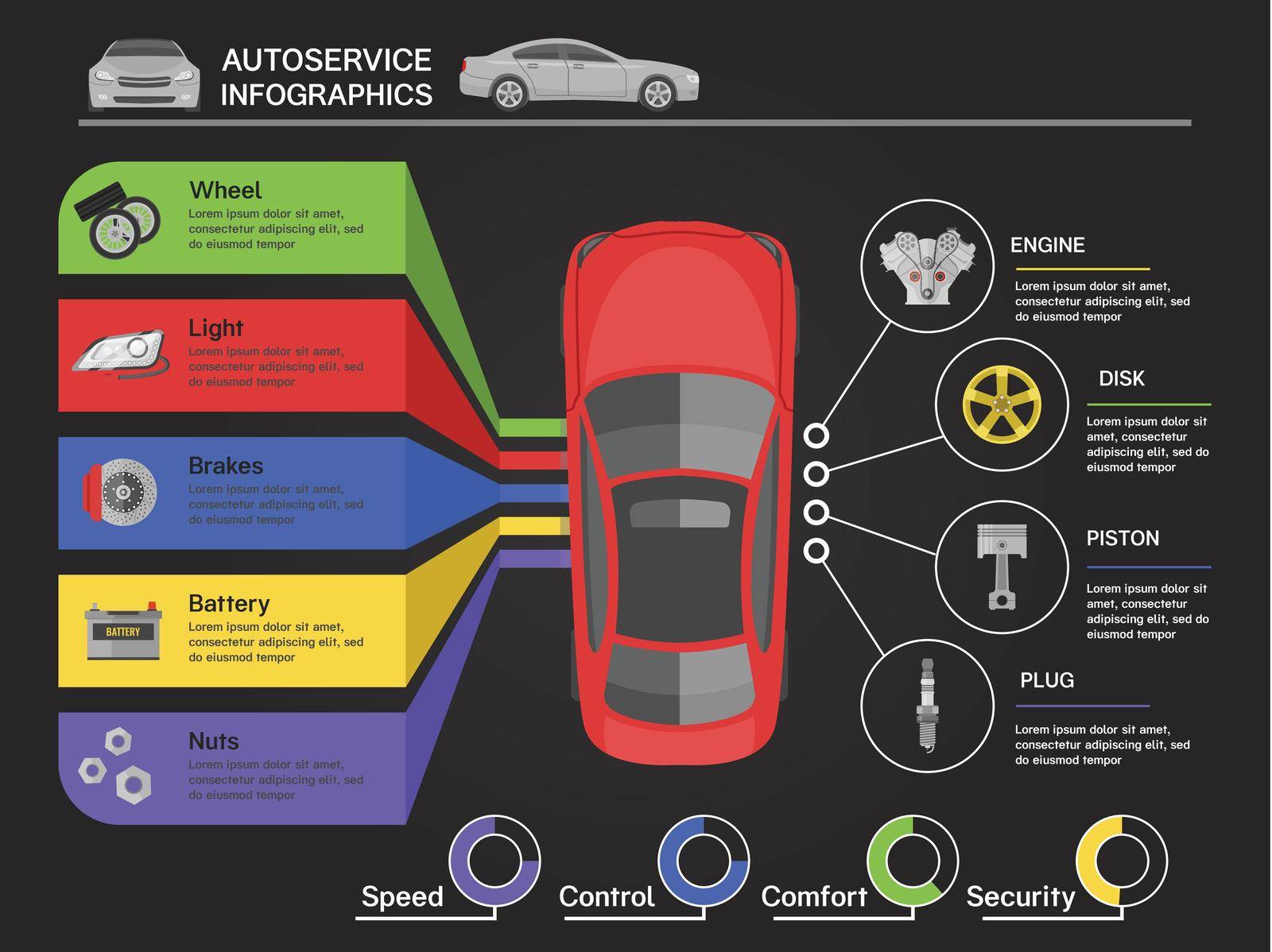 Auto service infographics with car of view from top machine details diagrams on black background vector illustration