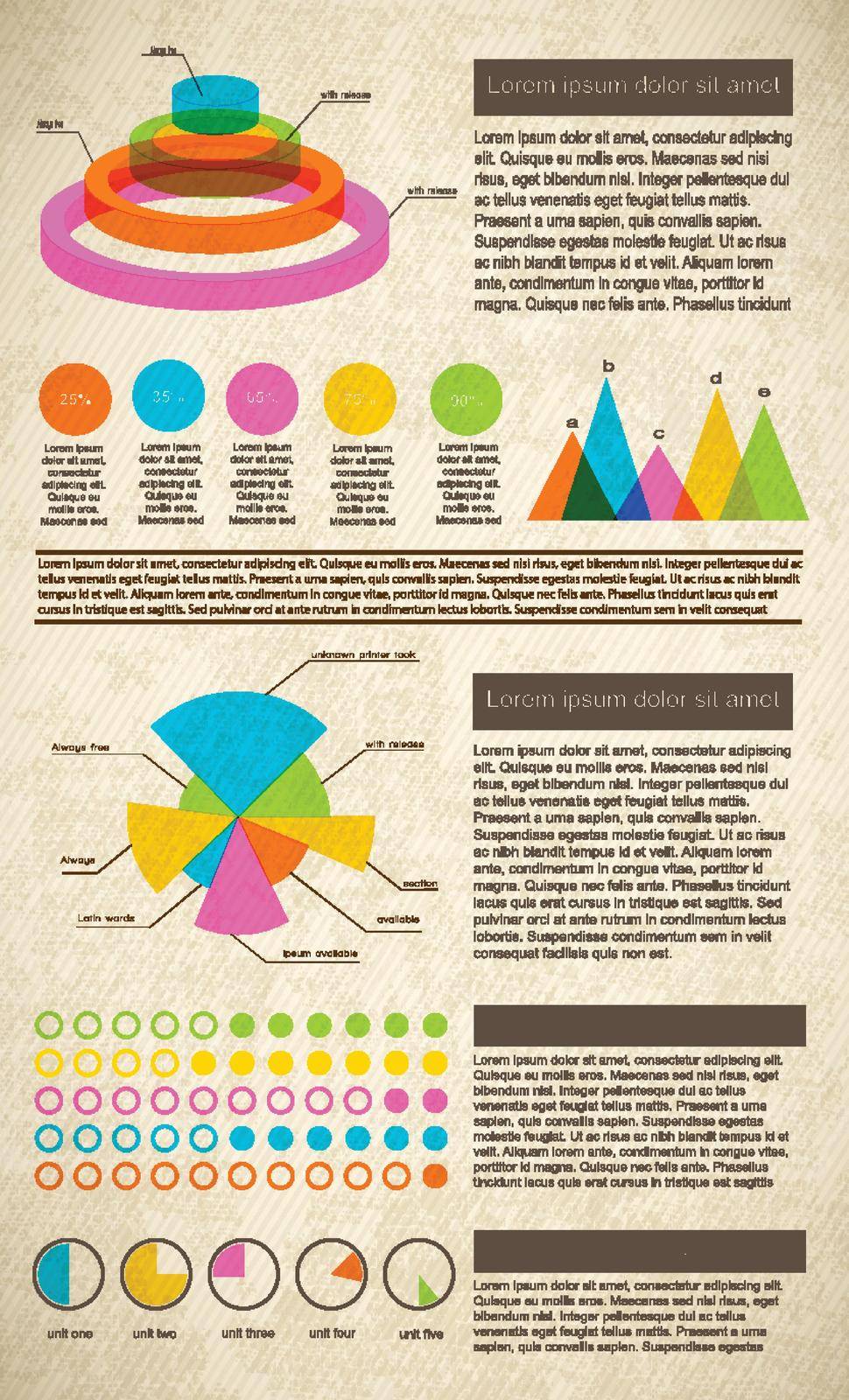 Vintage infographics set in bright colors with diagrams text fields and statistics flat vector illustration